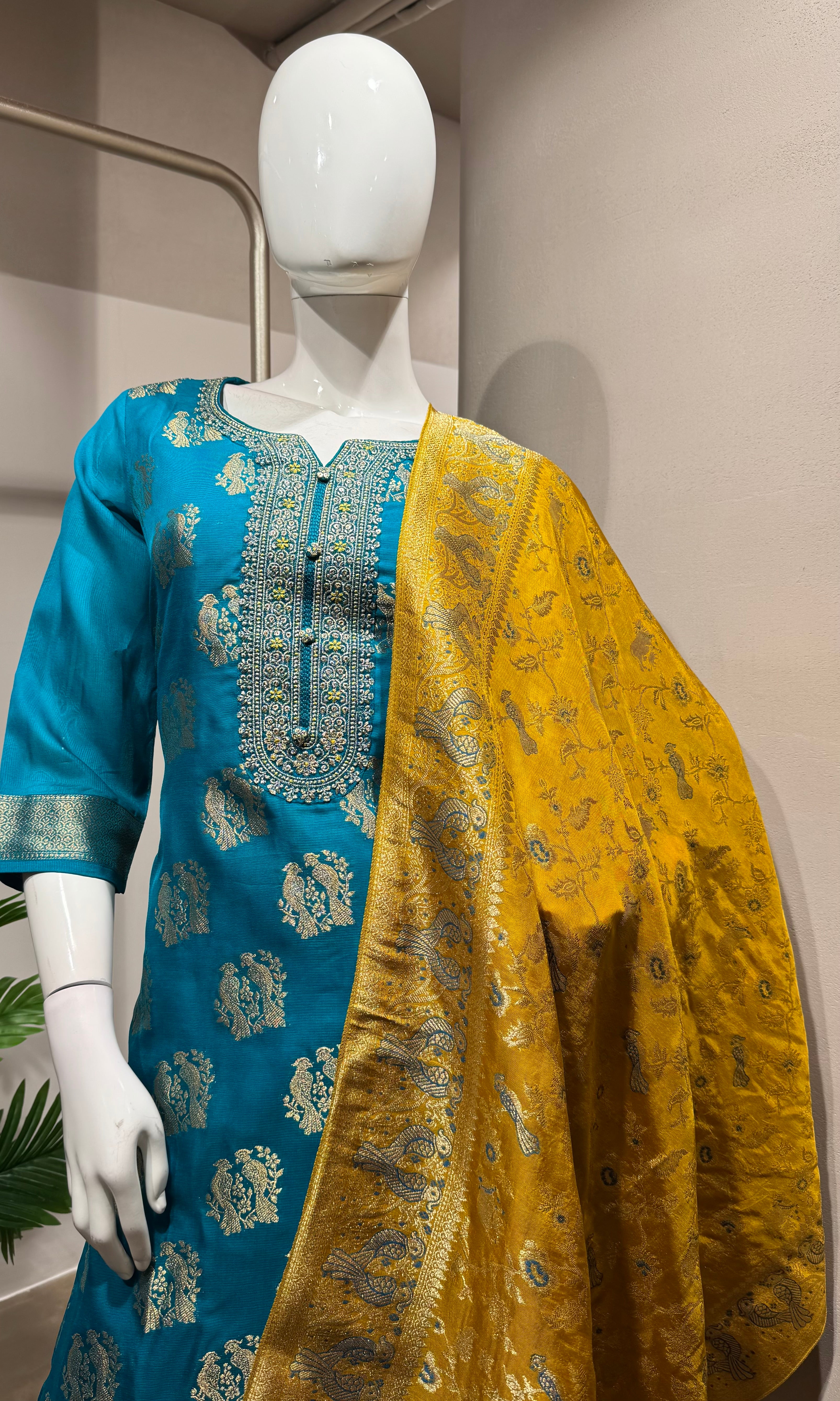 Rama Blue Silk embroidered kurta set