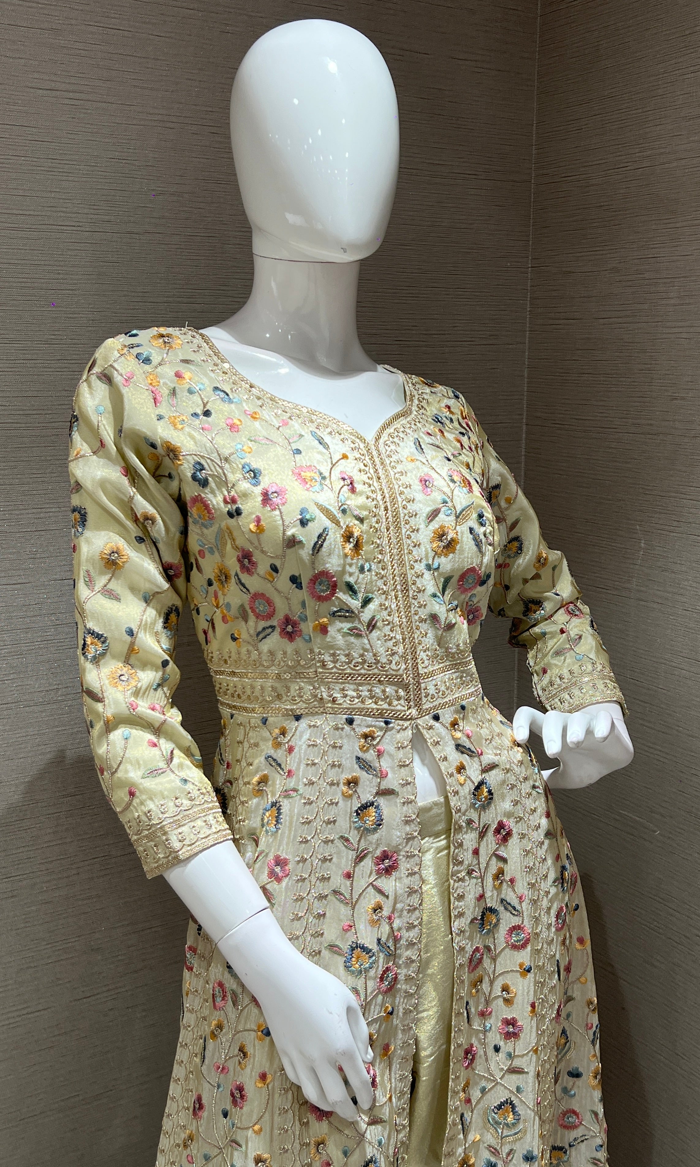 Cream Floral front slit Anarkali set