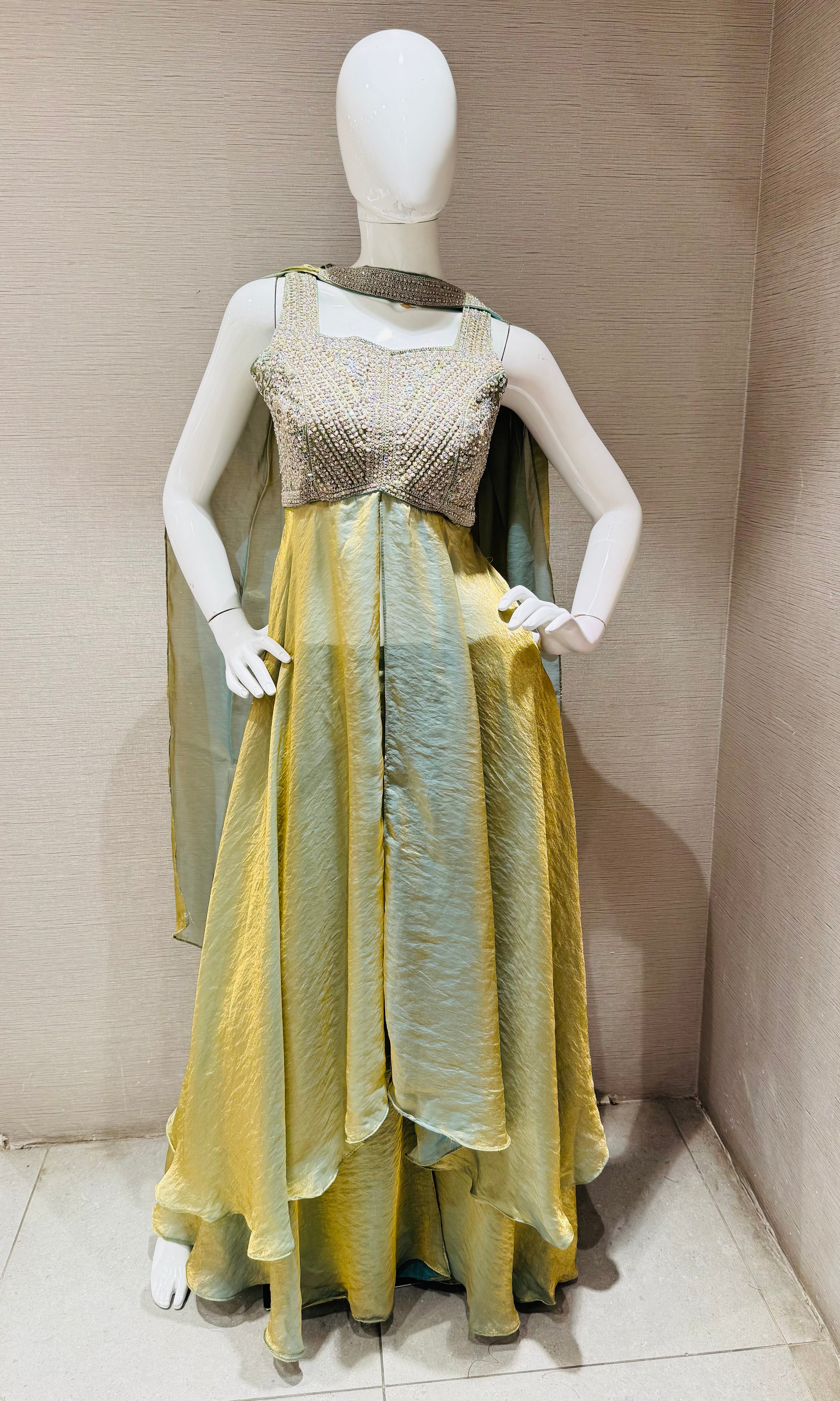 Green embroidered shimmer tissue palazzo set