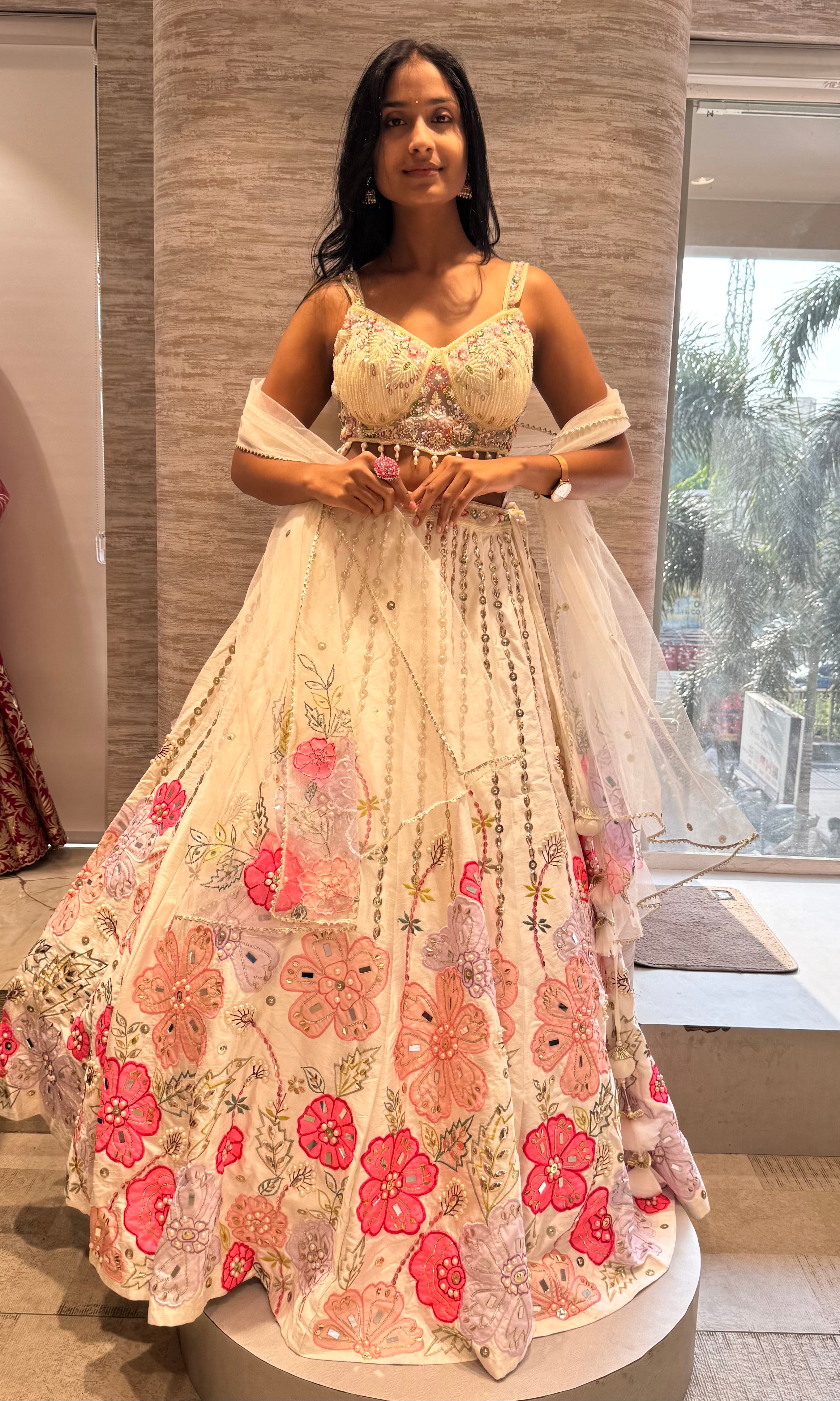 White and pink floral multicolored lehenga