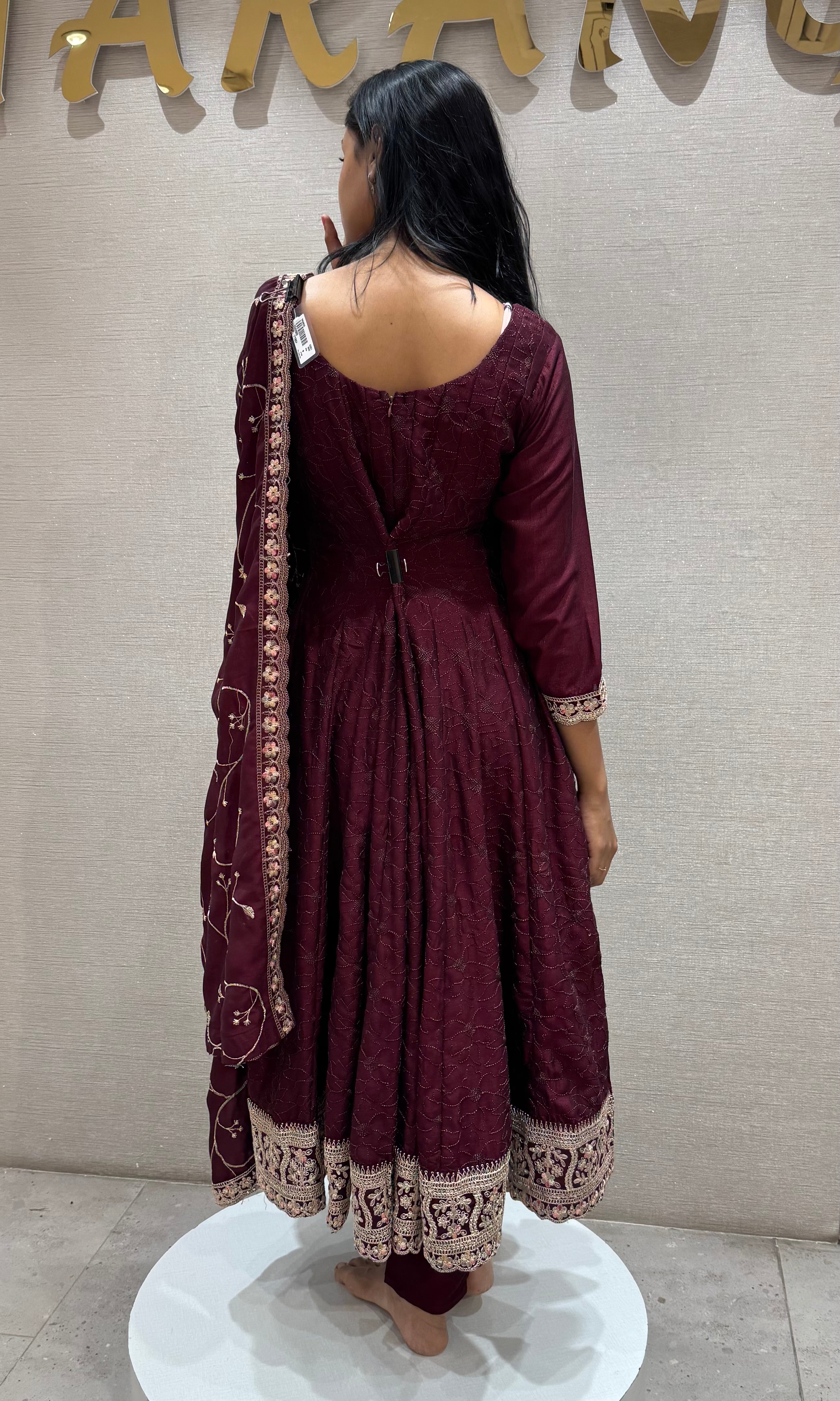 Wine intricate gold embroidery anarkali set