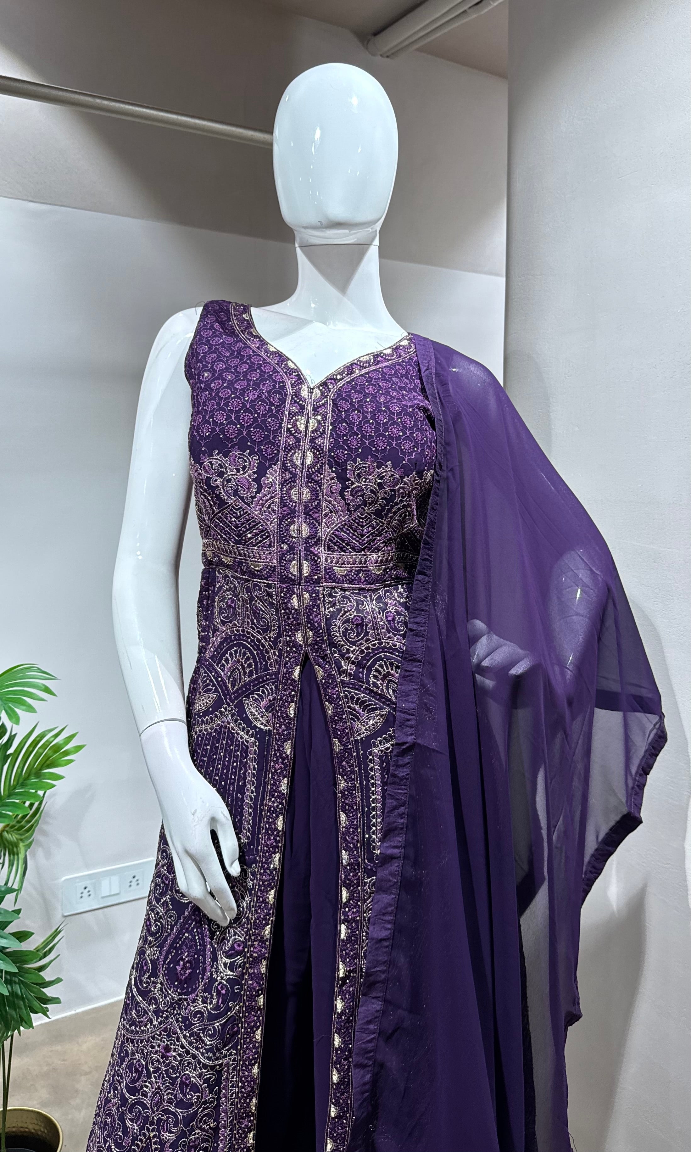 PURPLE FRONT SLIT ANARKALI WITH PALAZZO PANTS