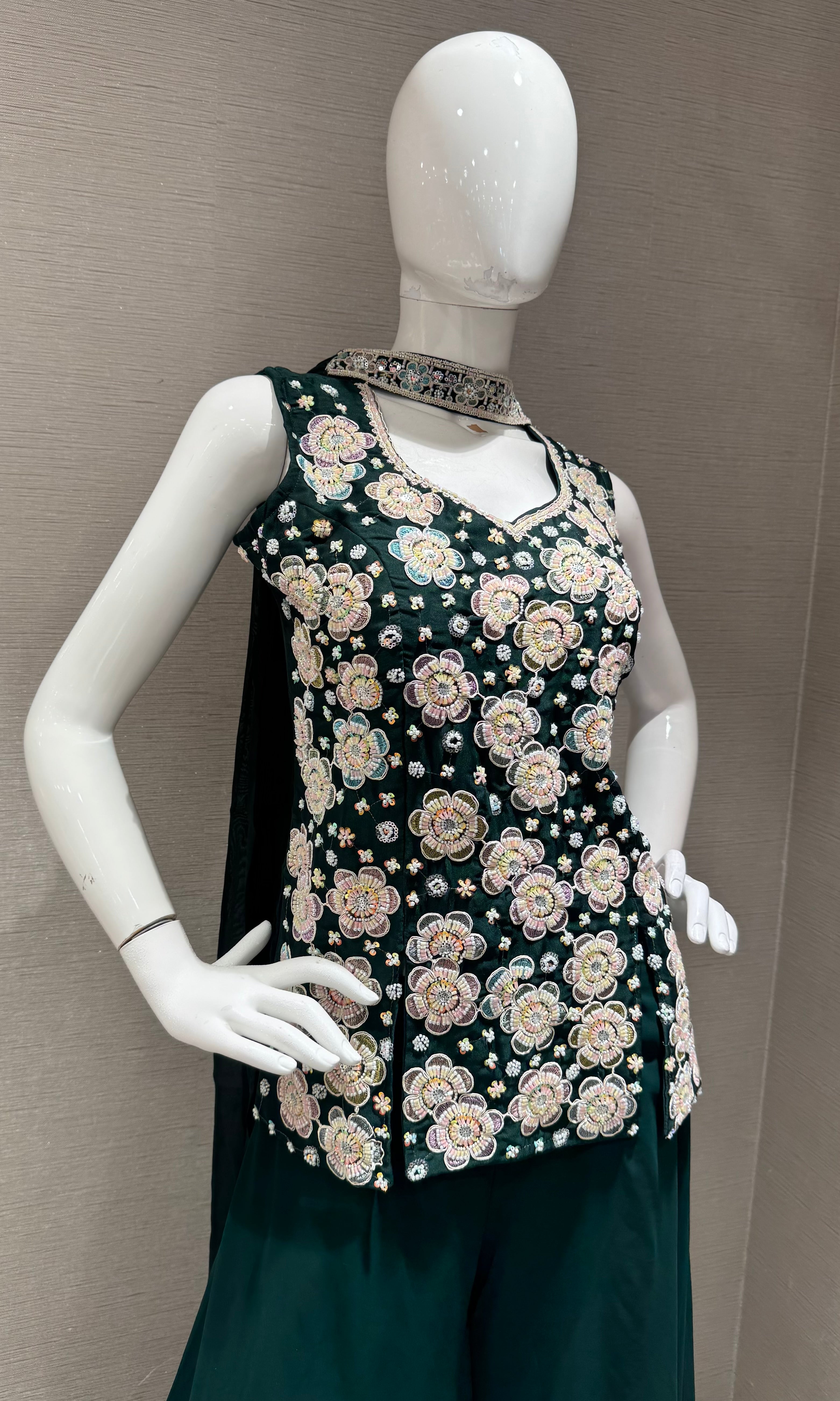 Bottel Green Floral Embroidered Palazzo Set