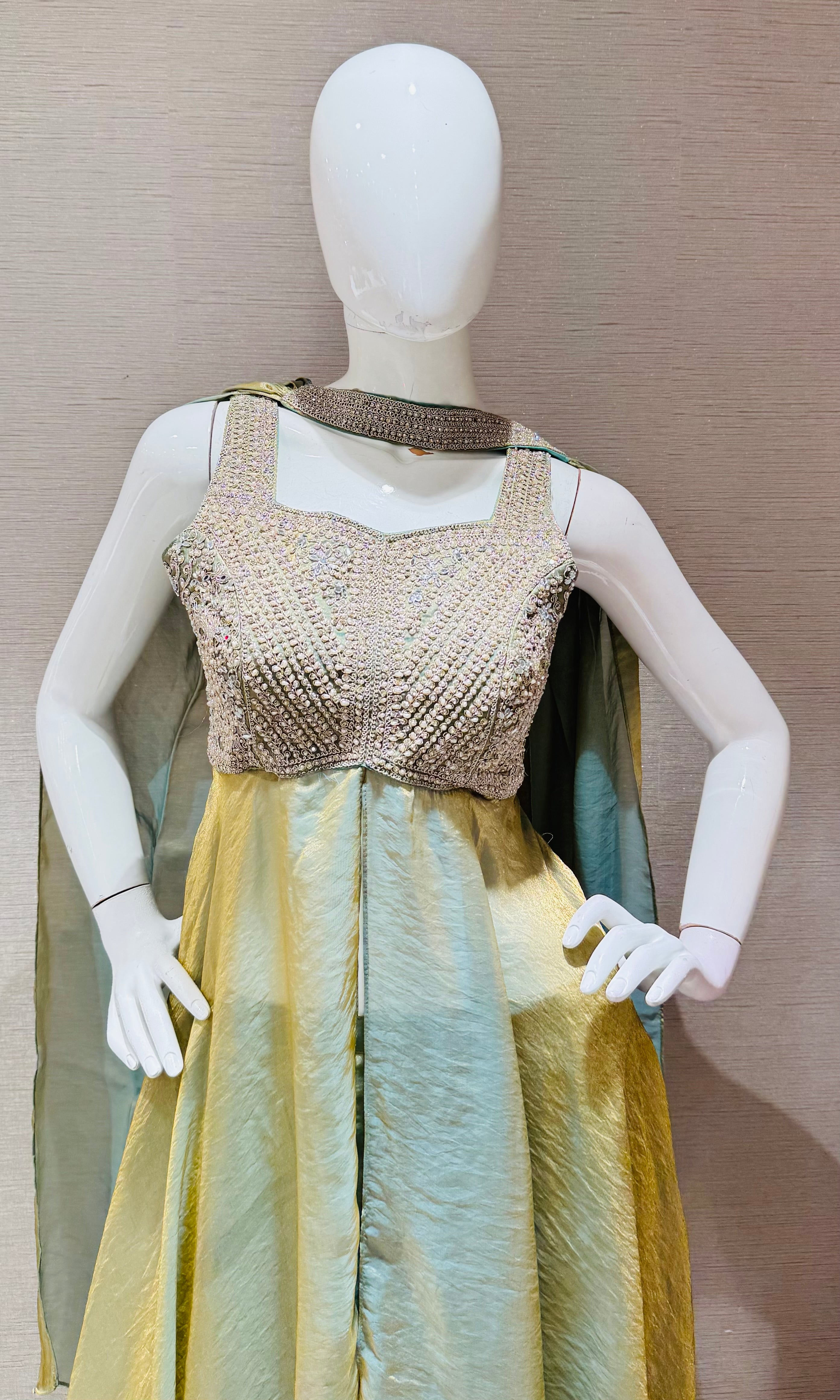 Green embroidered shimmer tissue palazzo set