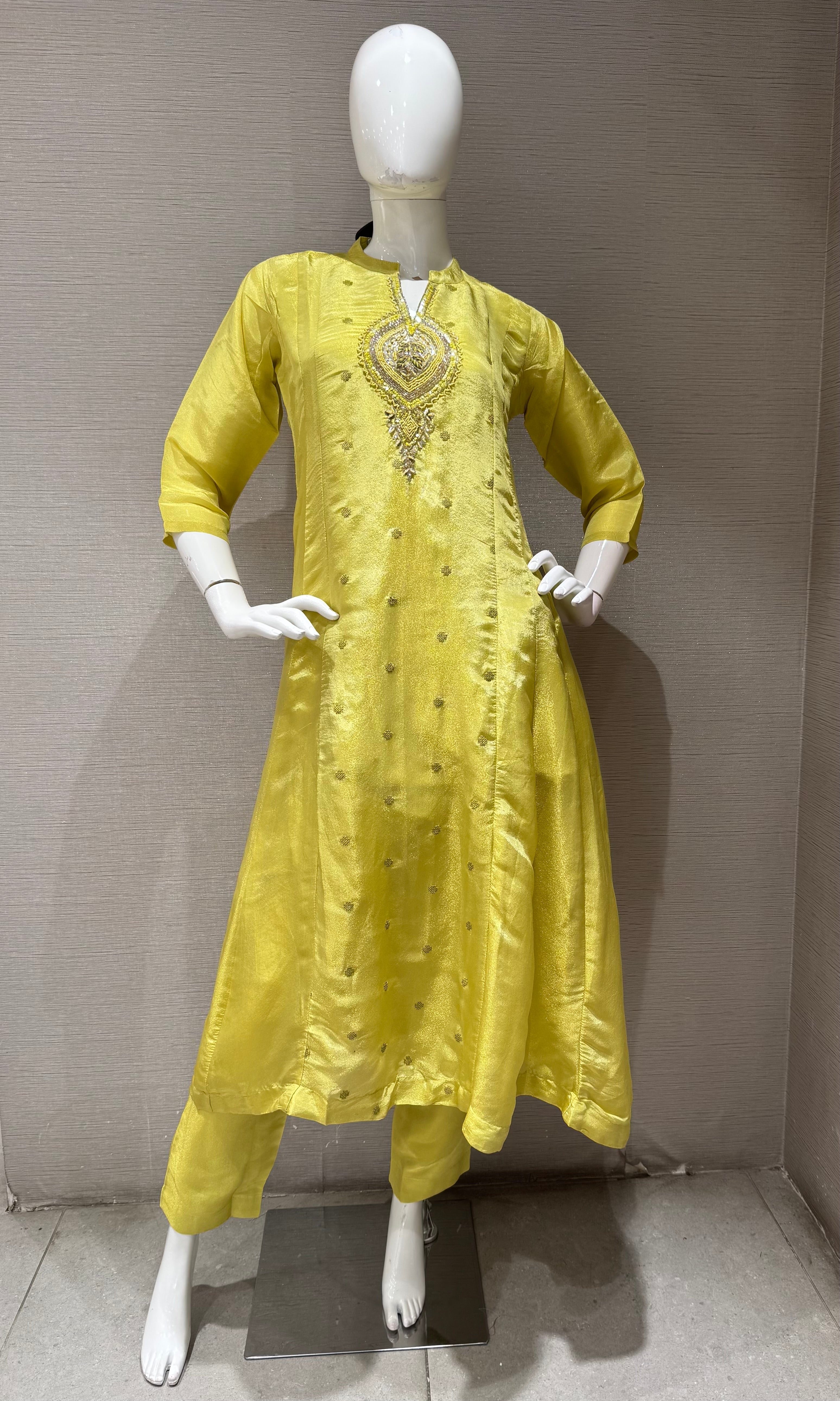 Yellow Silk Blend Ethnic a line Kurta set
