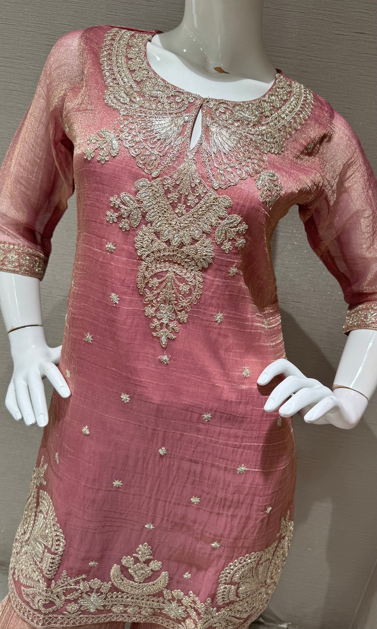 Pink Tissue Silk embroidered sharara set with dupatta