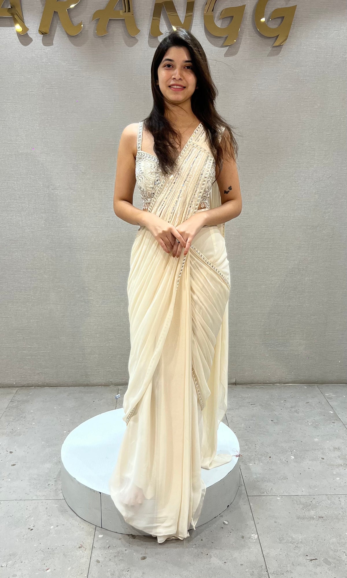 Ivory silk Draped Saree with Embellished Corset Blouse