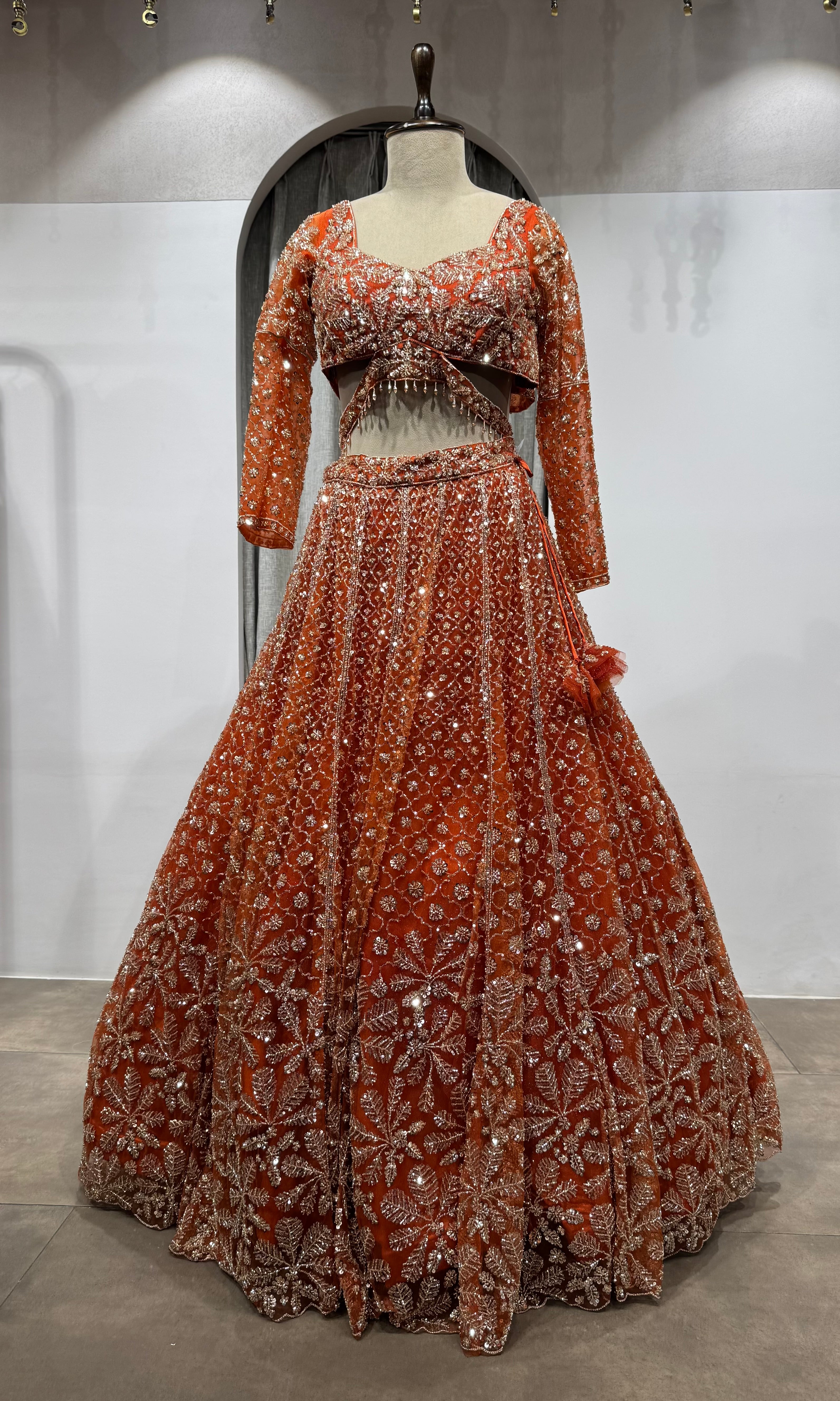 Orange Sequin Embroidered Bridal Lehenga Set
