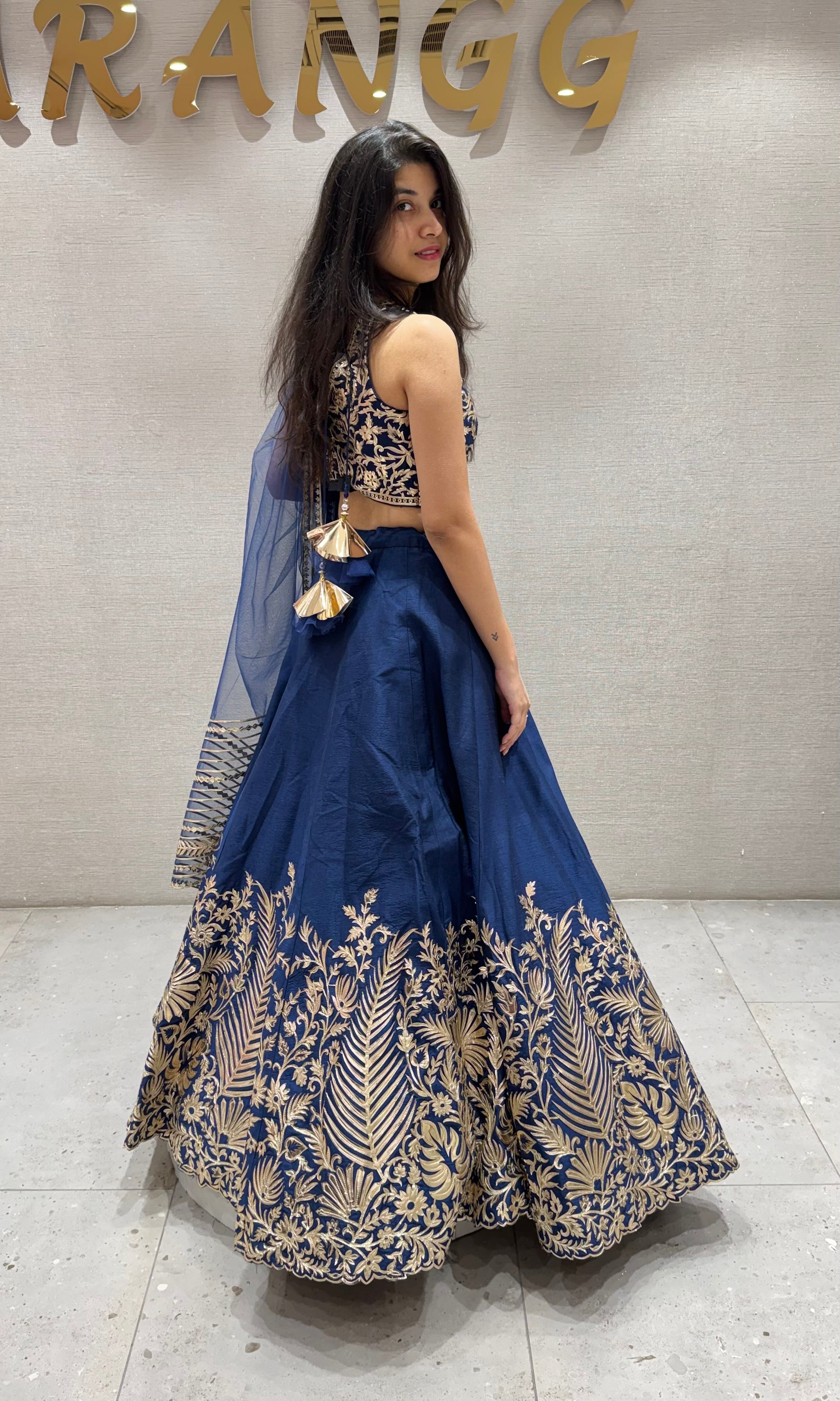 Navy blue GOLDEN FLORAL EMBROIDERED LEHENGA