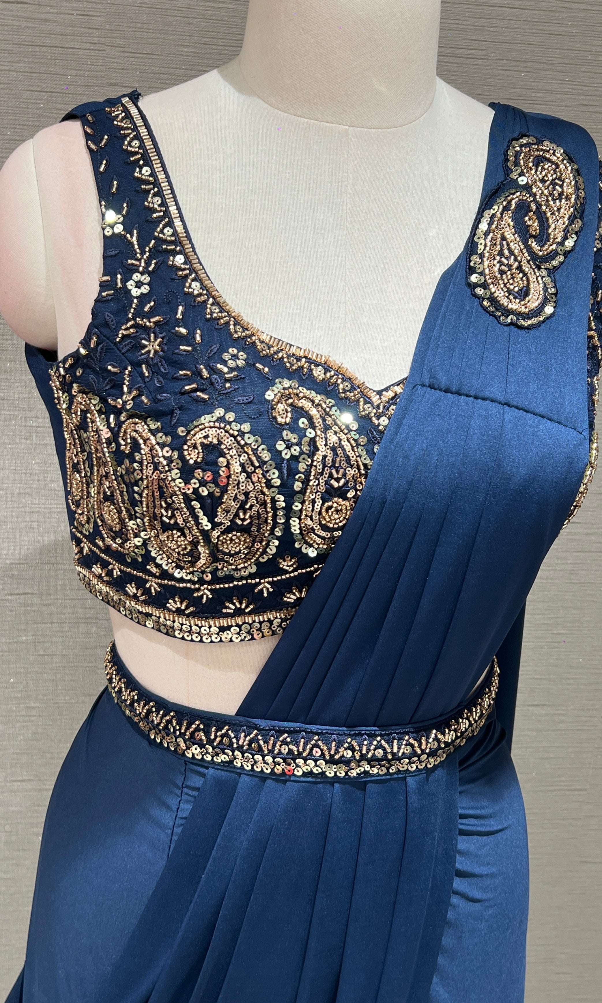 NAVY BLUE Drape Saree WITH BLOUSE & BELT