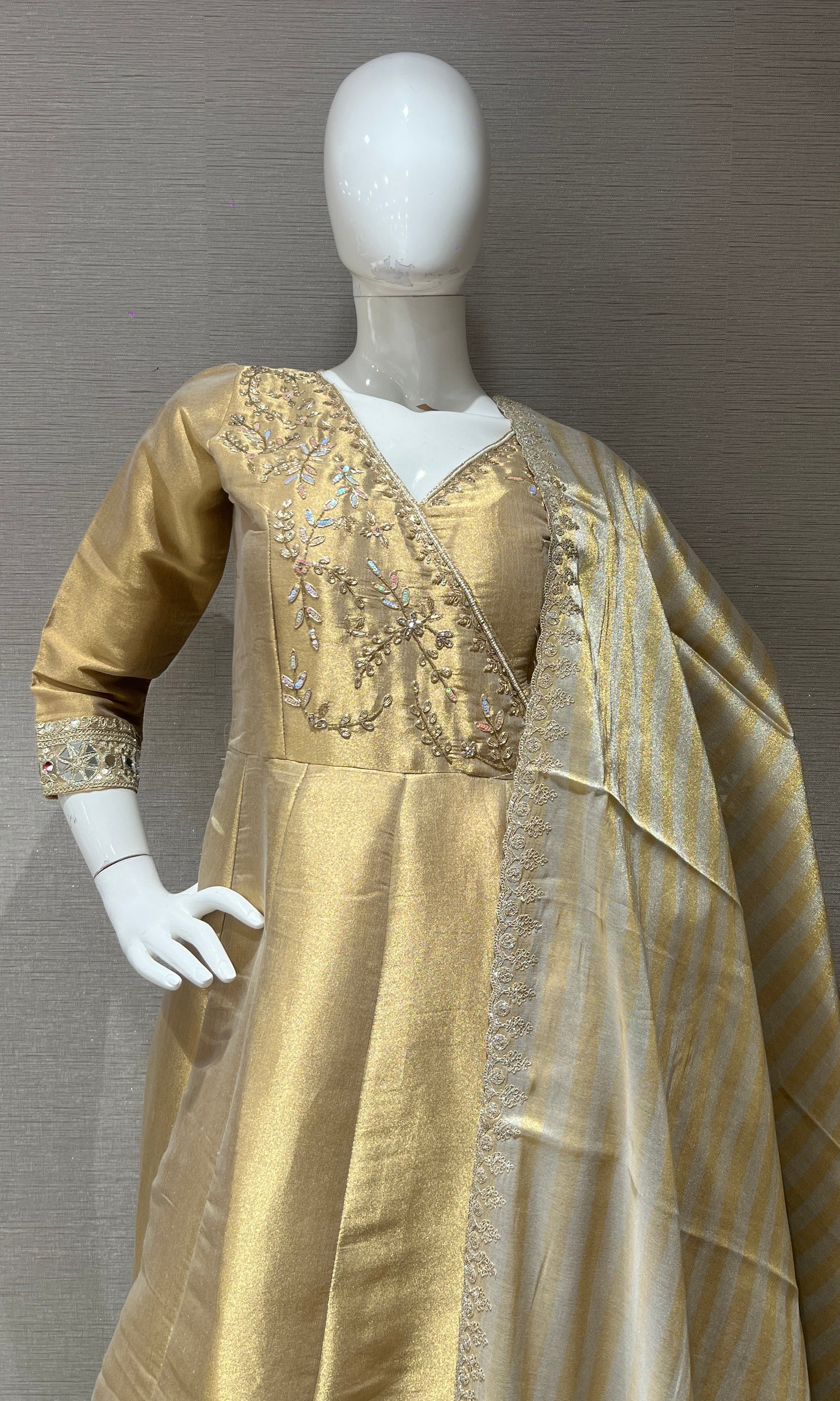 Gold Embroidered Silk Anarkali Gown with Matching Dupatta