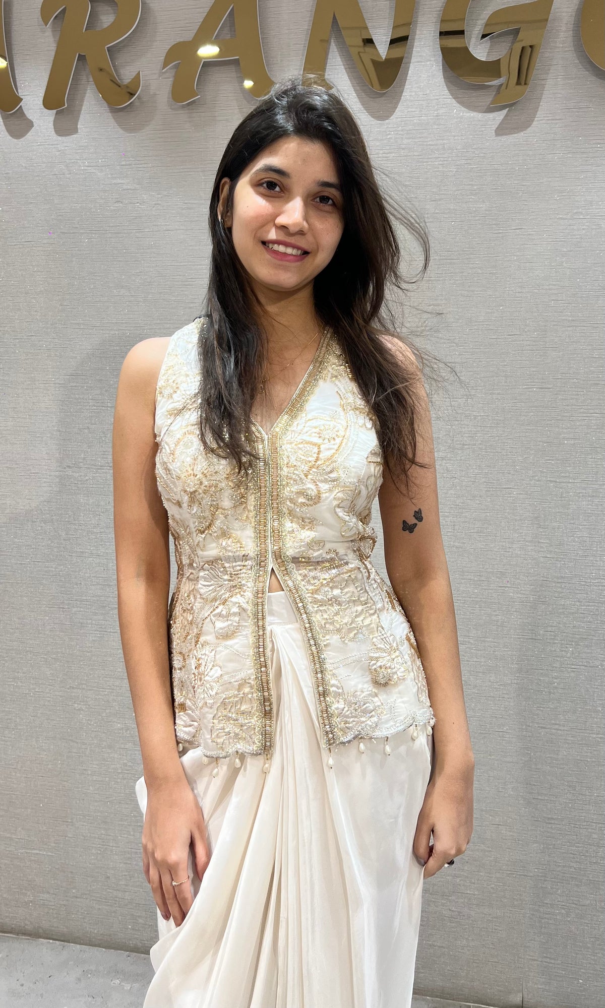 White Georgette Gold Embroidered Jacket with Draped Skirt