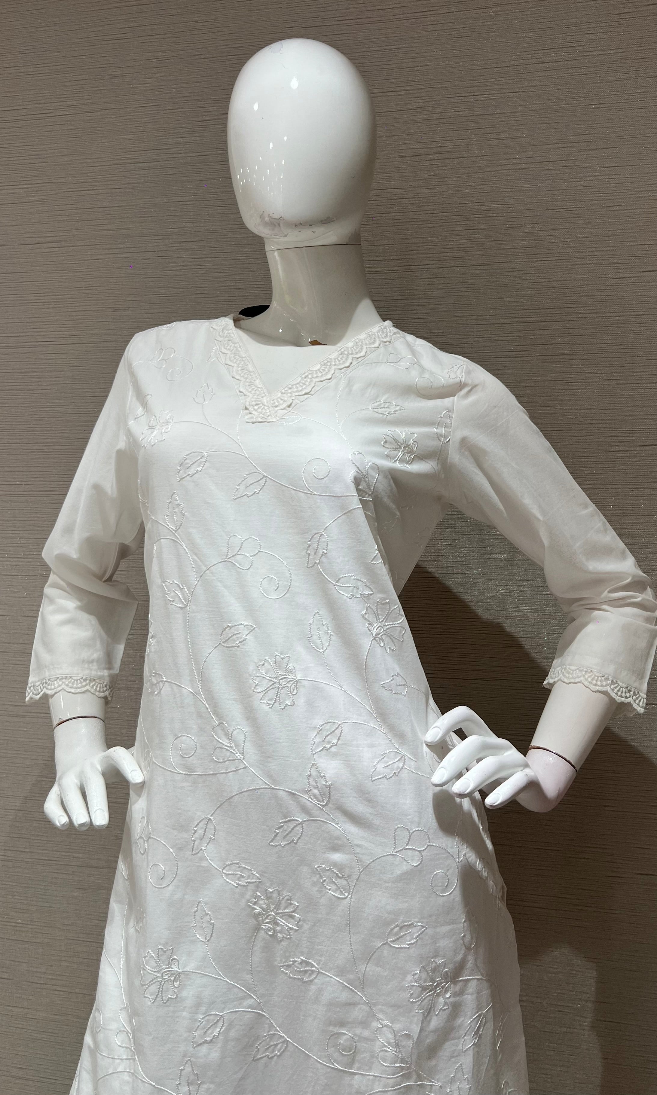 White Cotton Kurta Set with Pink Floral Embroidery