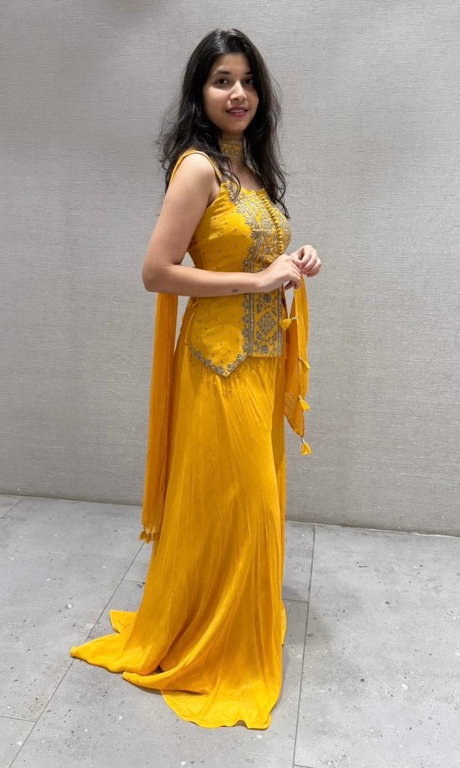 Yellow Embroidered Peplum Palazoo Set