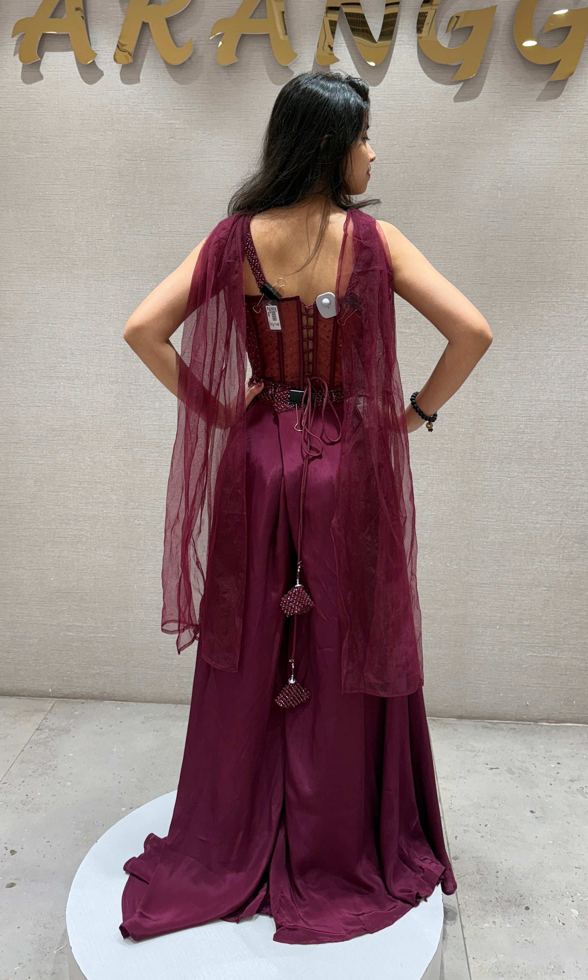 maroon palazzo set with corset blouse