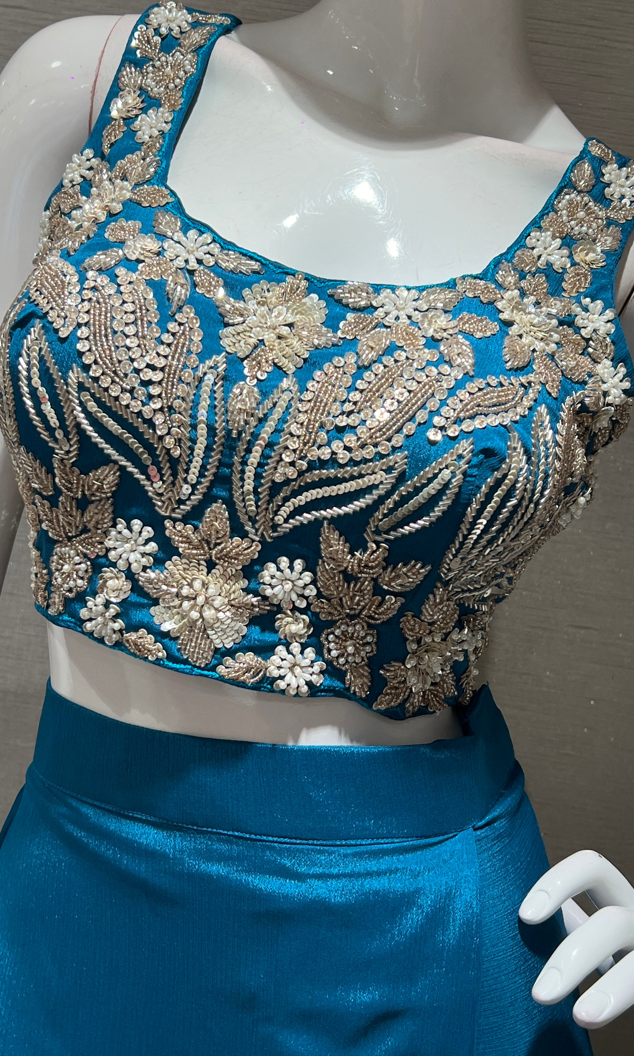 RAMA BLUE EMBROIDERED BLOUSE WITH DRAPE SKIRT