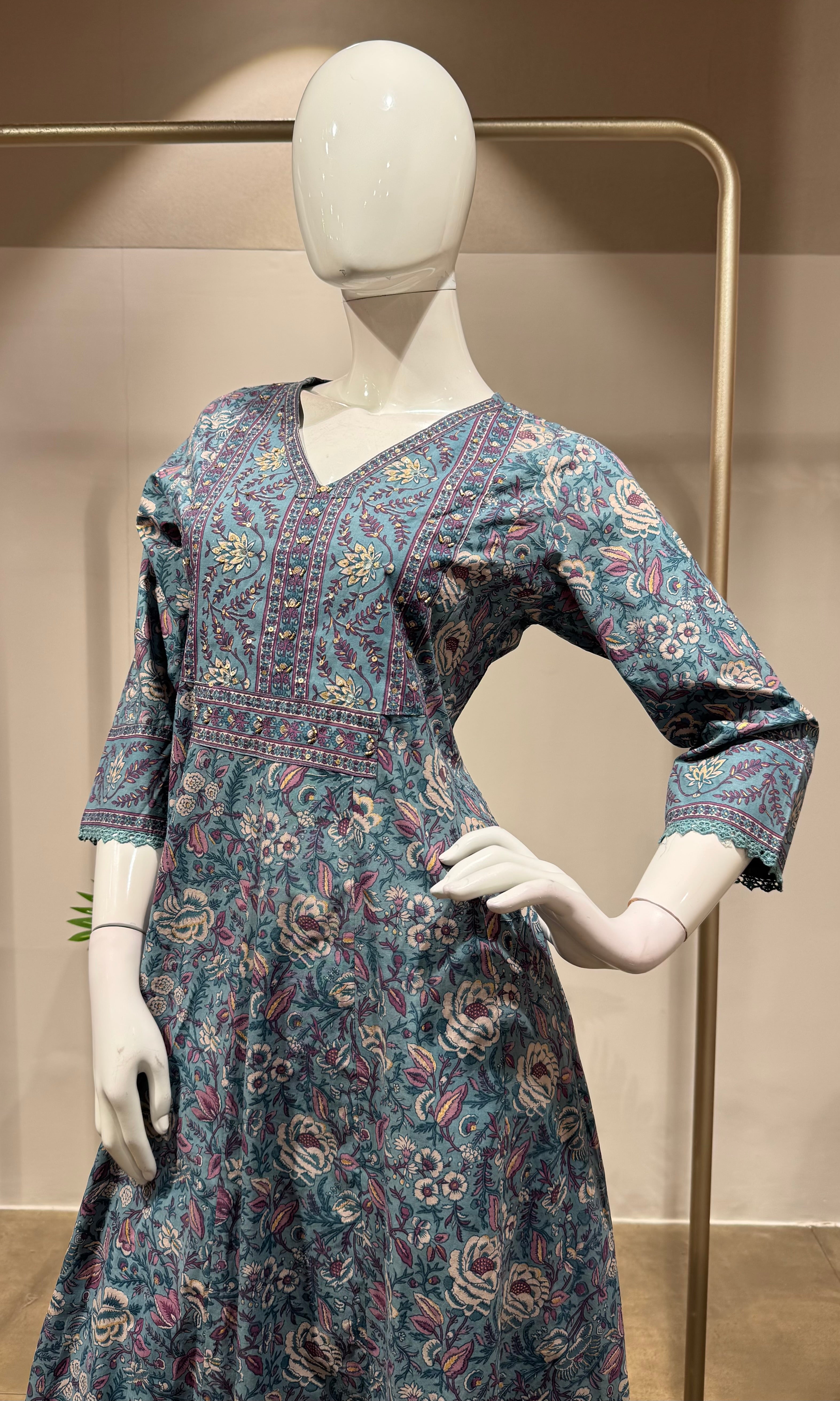 Blue Printed Pure Cotton Anarkali Kurta Set