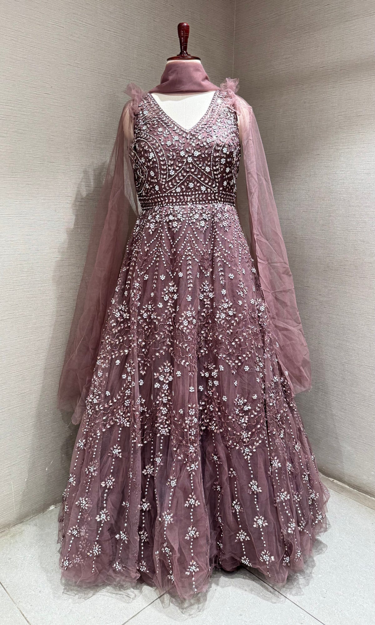 Mauve Embroidered Tulle Gown with Net Flare