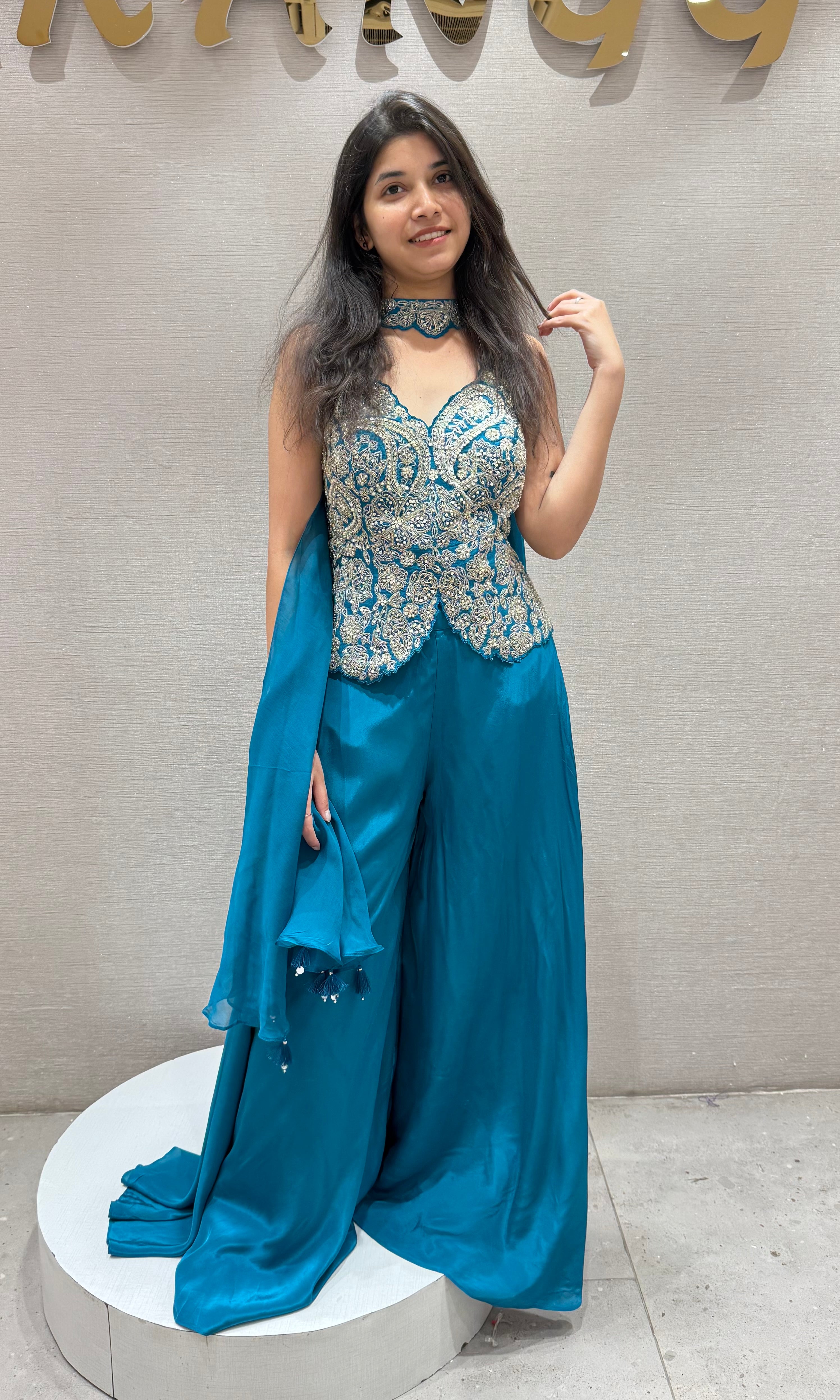Rama blue EMBROIDERED PEPLUM PALAZZO SET