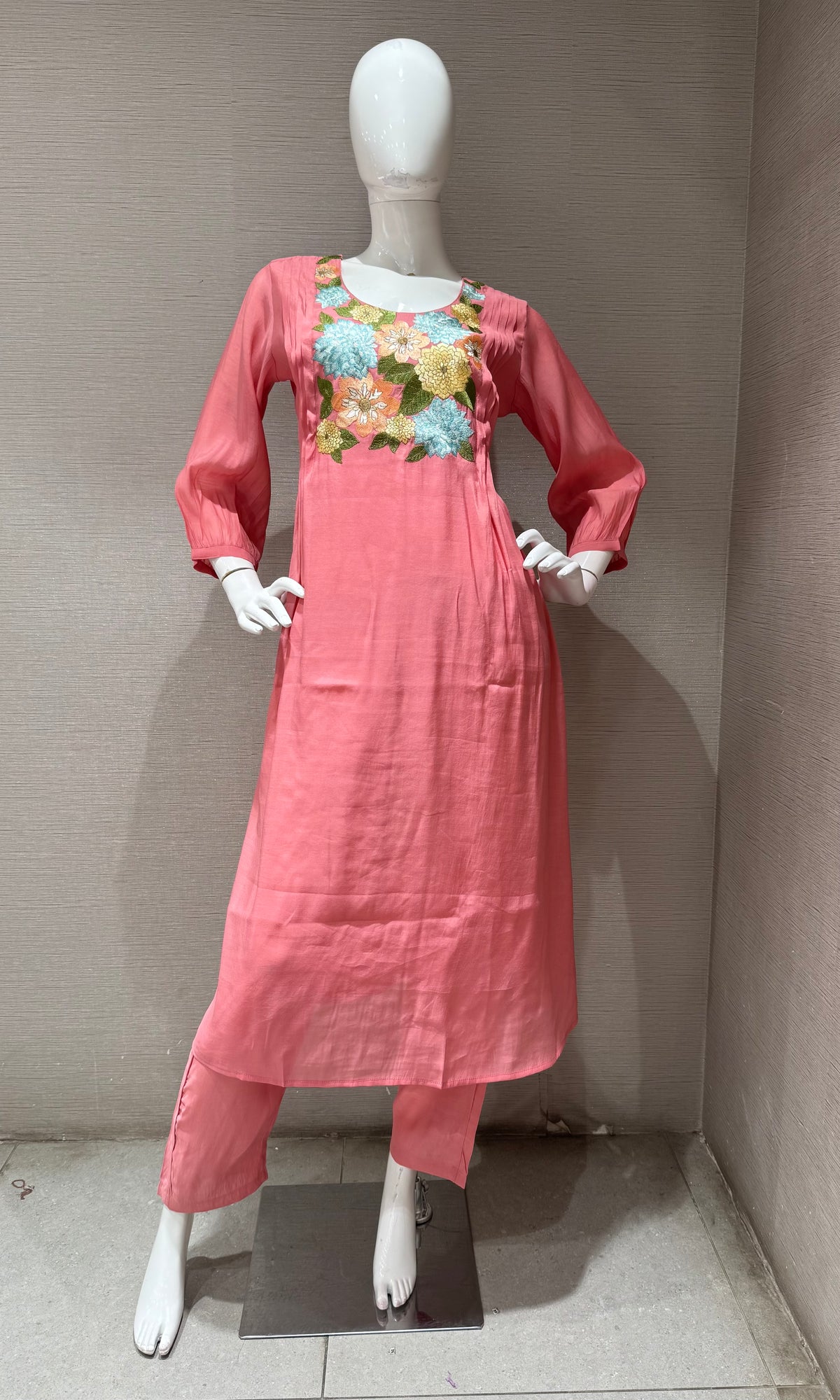 Pink Floral Embroidered Mul Chanderi A Line kurta Set with dupatta