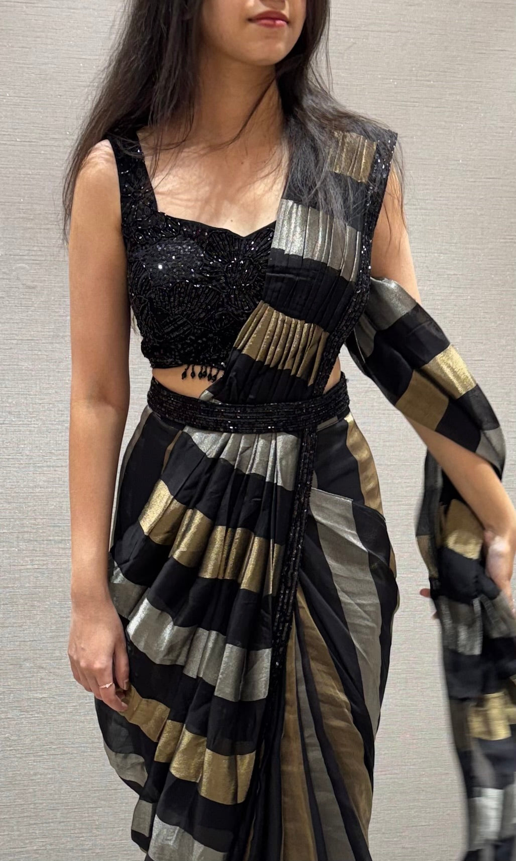 Black Tissue Drape Saree With Belt