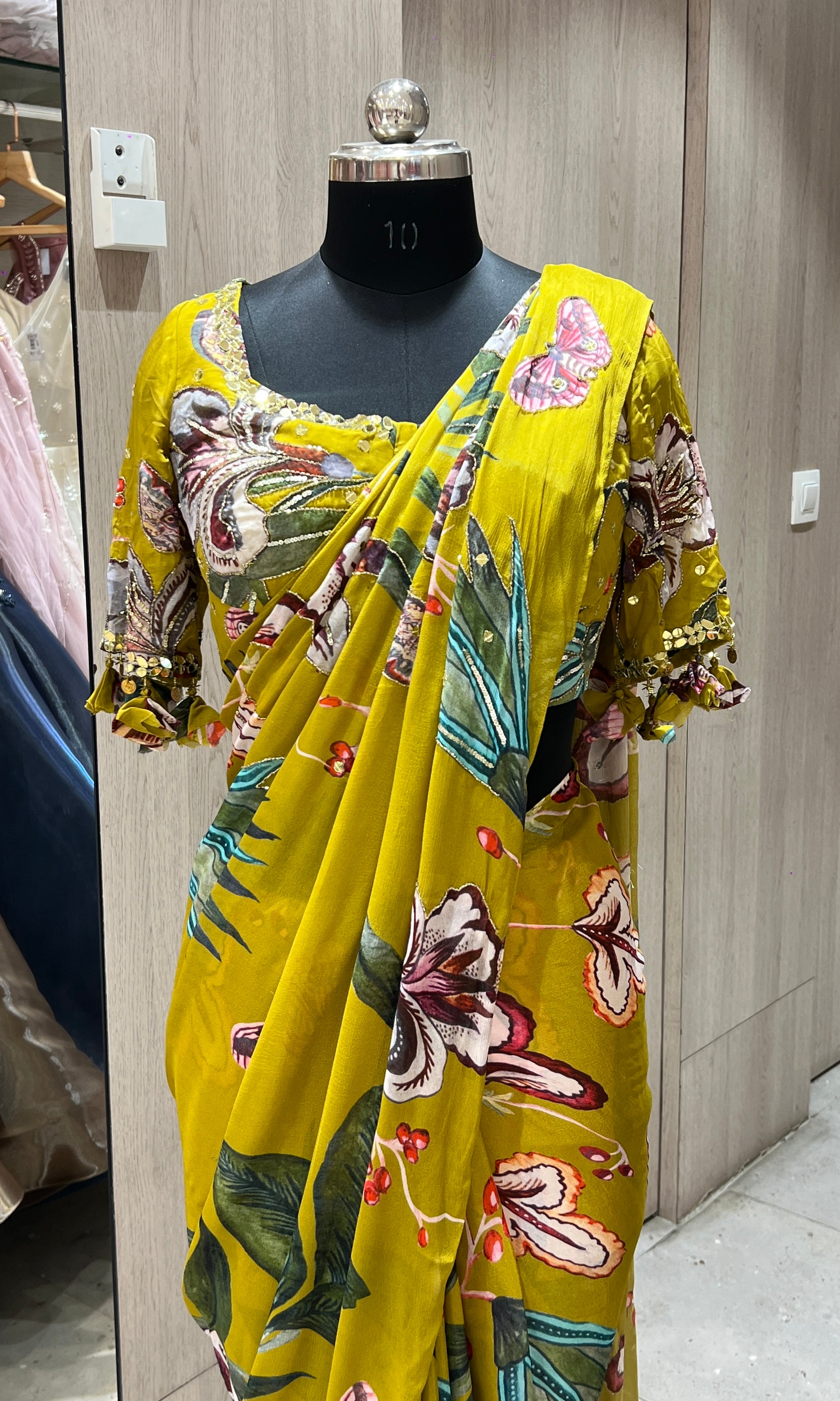 green floral saree with ready blouse