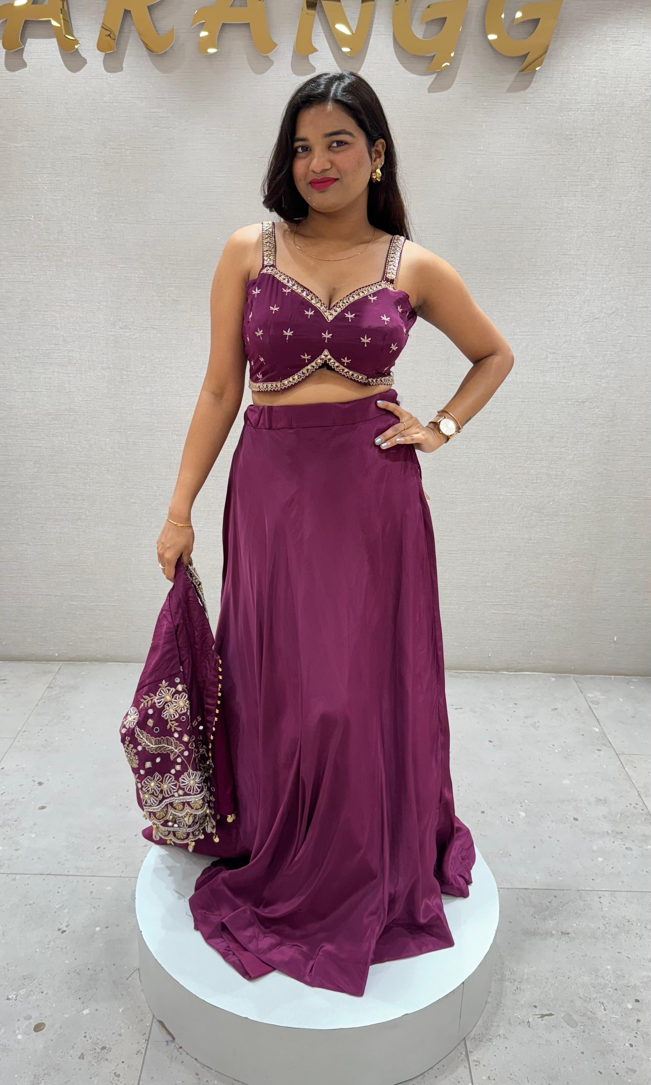 Wine Lehenga with Embellished Crop Jacket