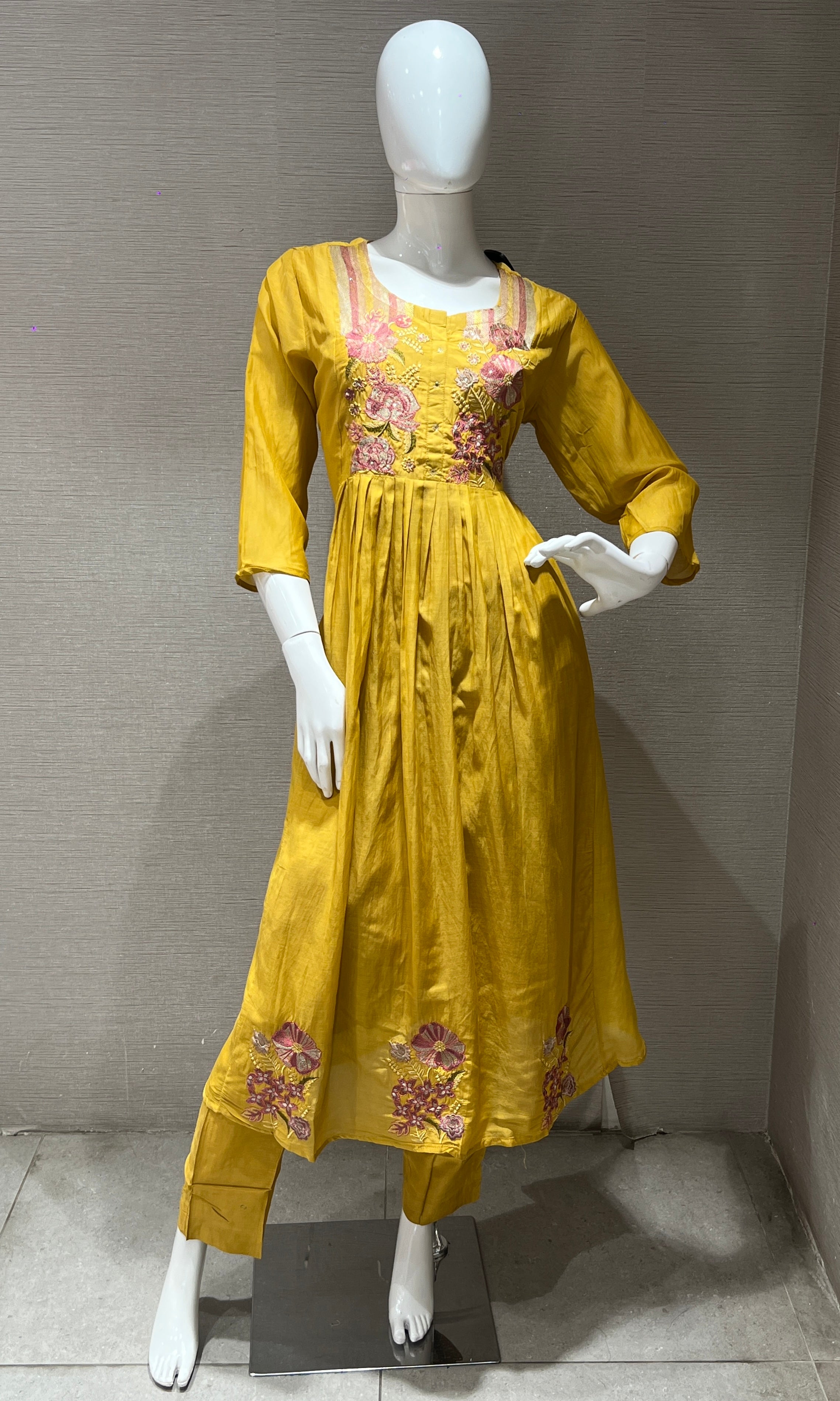 Yellow Mul Chanderi A-line  Kurta set