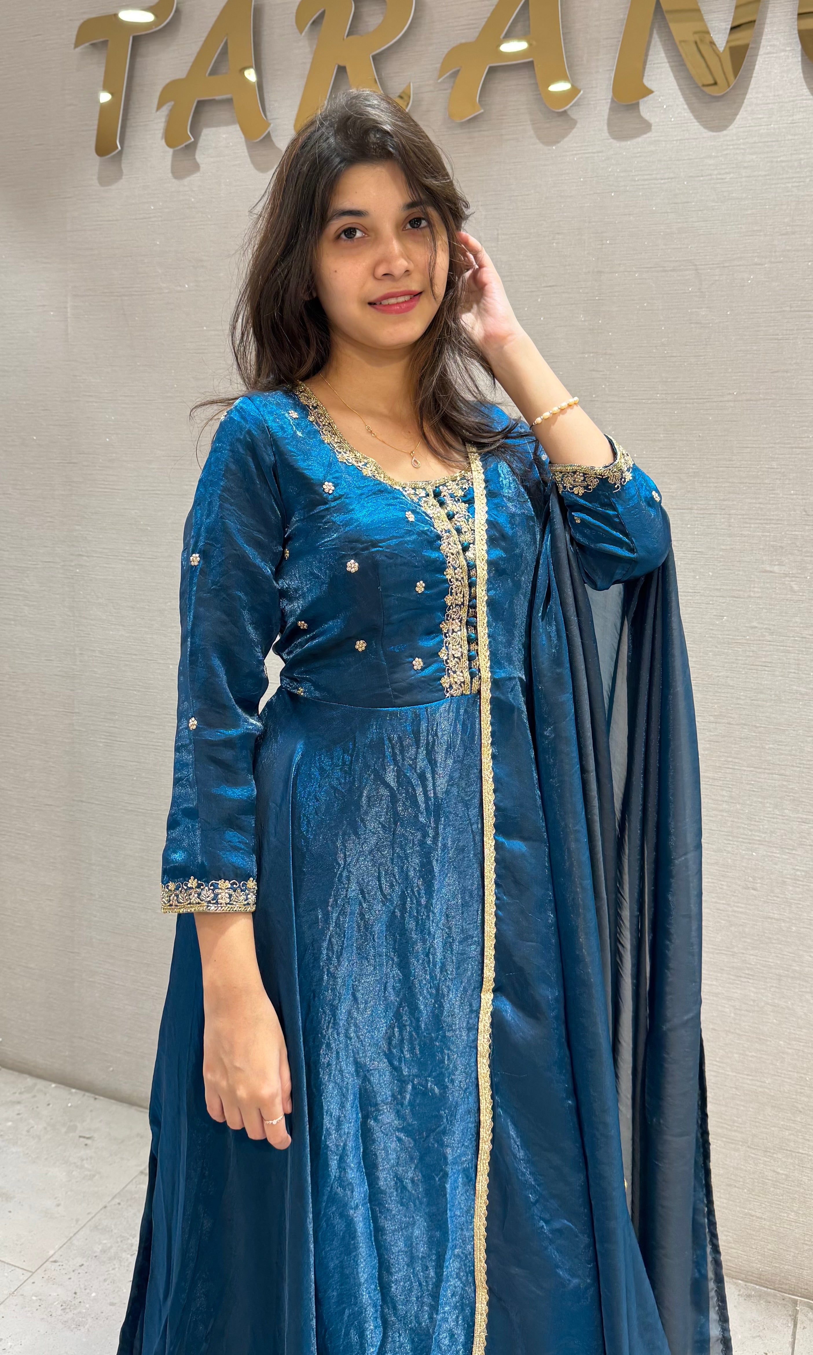 Teal Blue Embroidered Flared Anarkali Set with Dupatta
