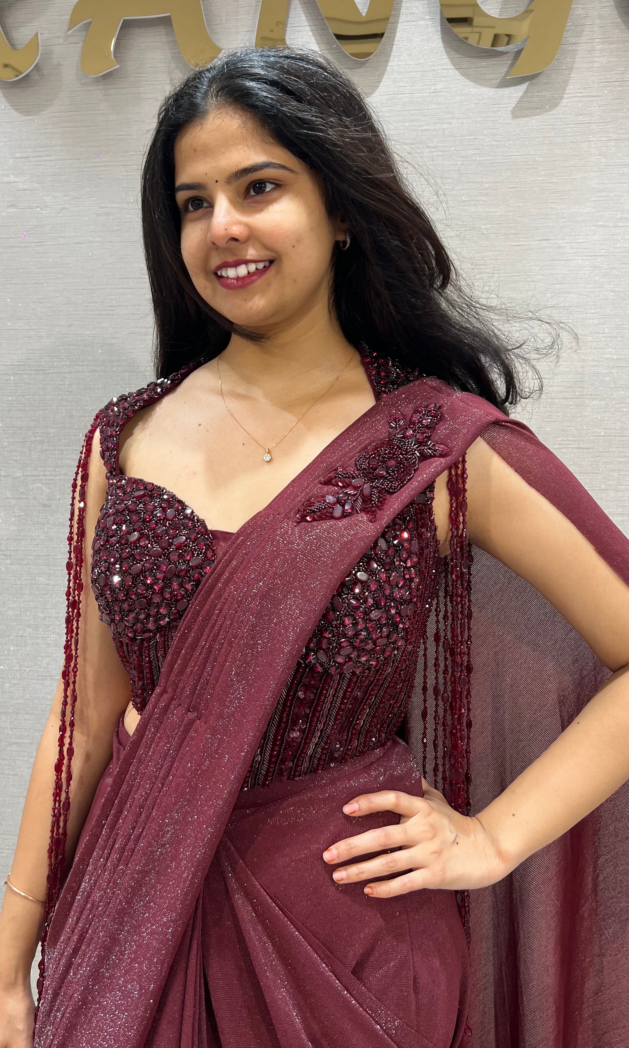 Wine Drape Saree with Embellished Blouse