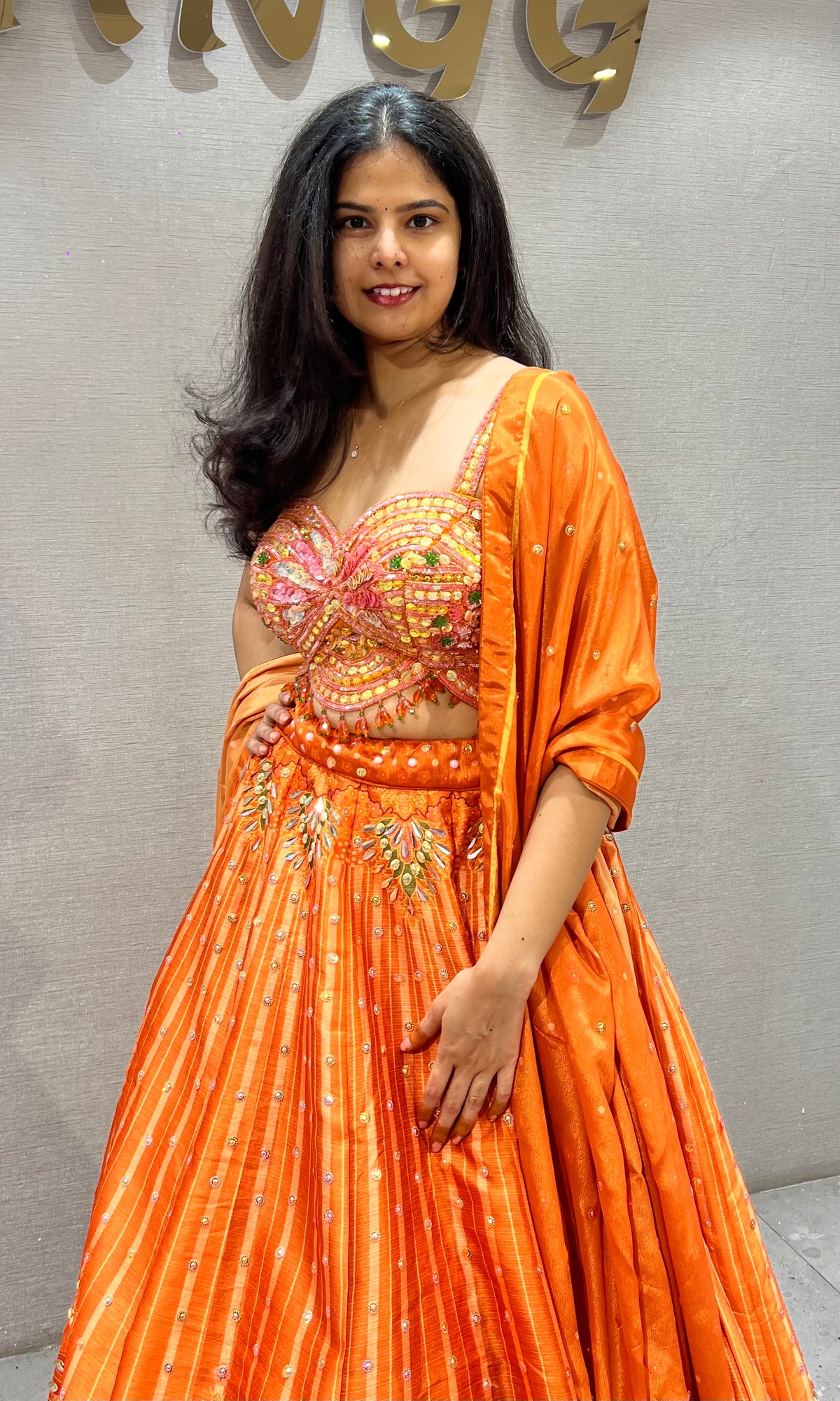 Orange Embroidered Organza Lehenga Choli Set
