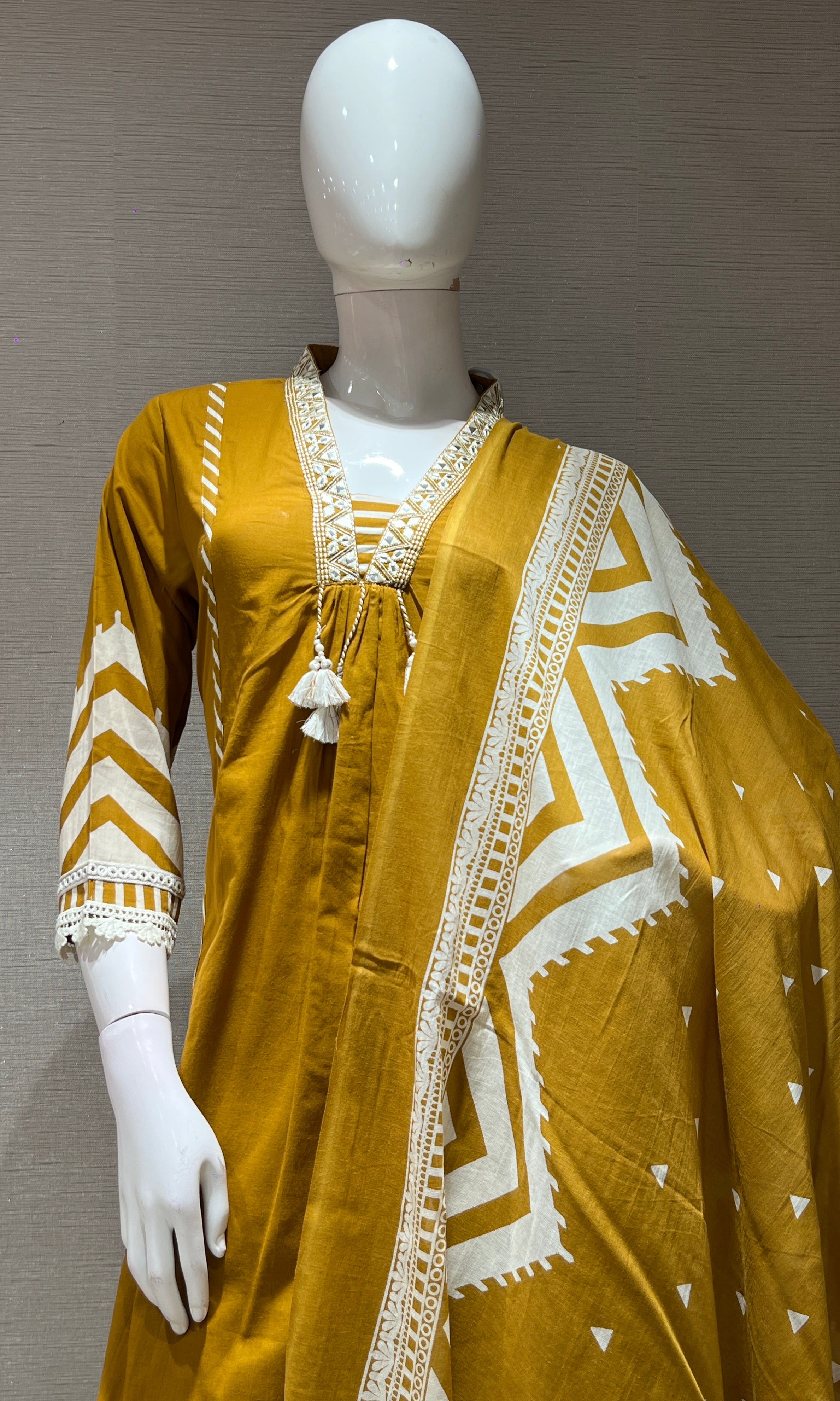mustard yellow ethnic white lace kurta set