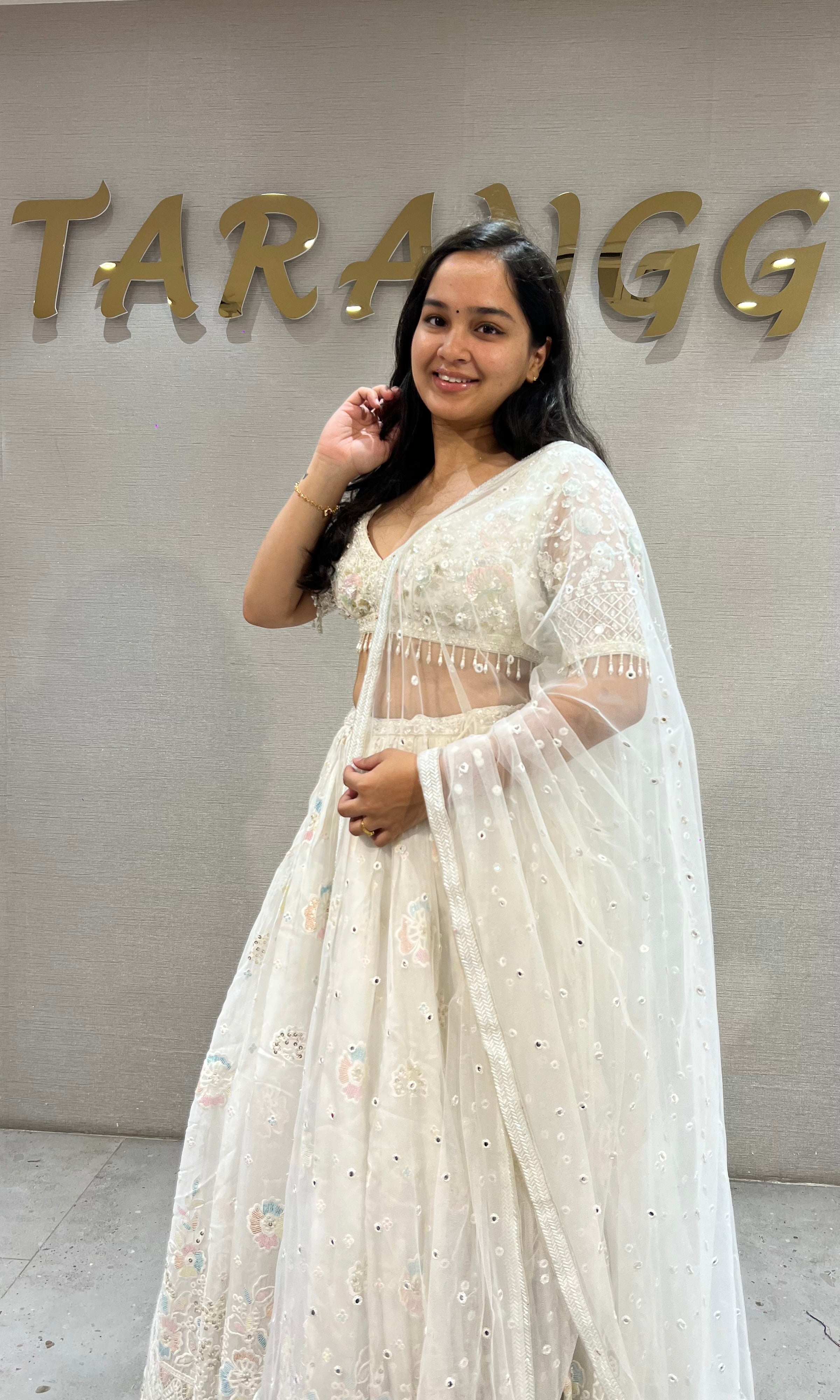 Cream Chikankari Lehenga Set with net dupatta