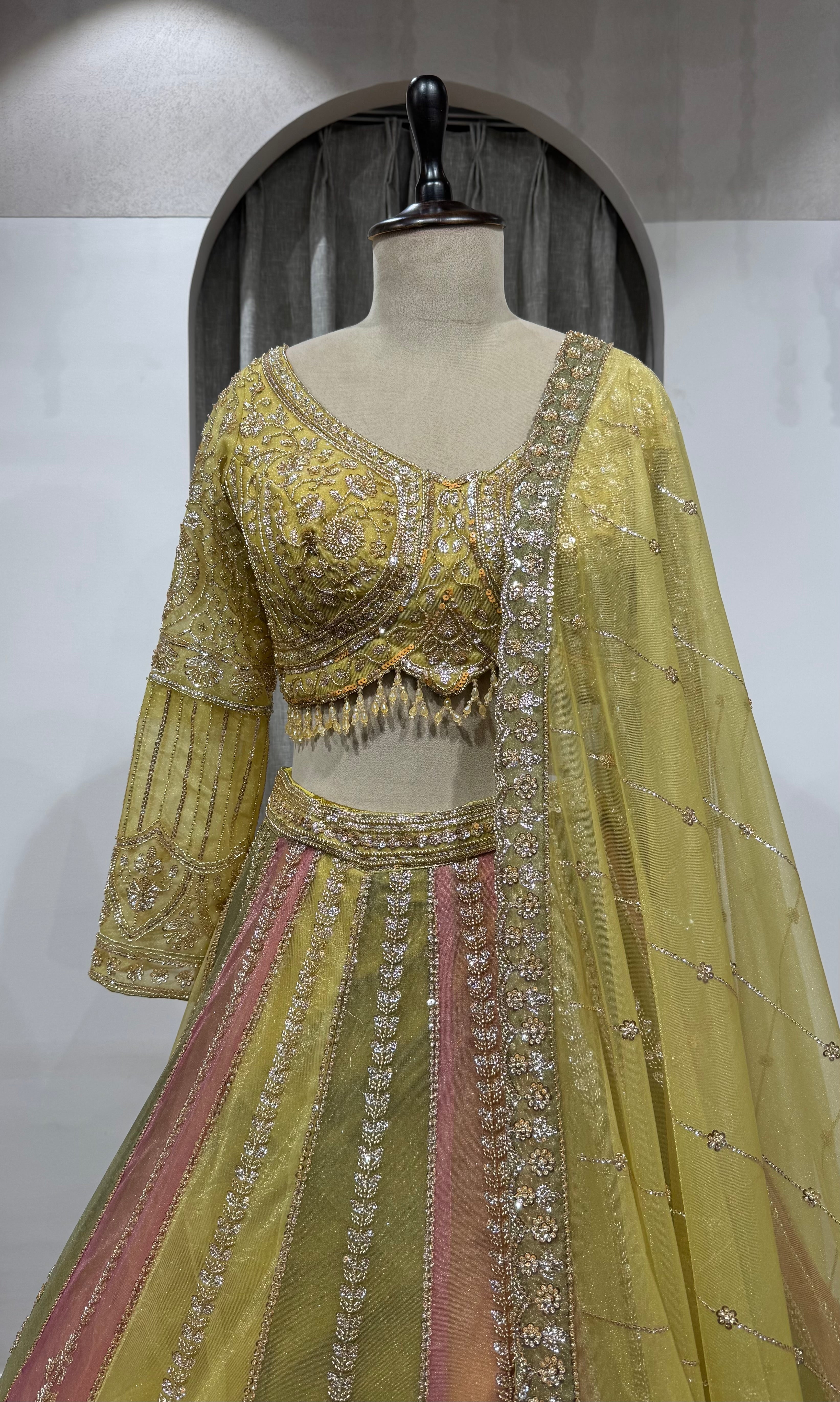 Lime Green & Blush Pink Embroidered Lehenga Set