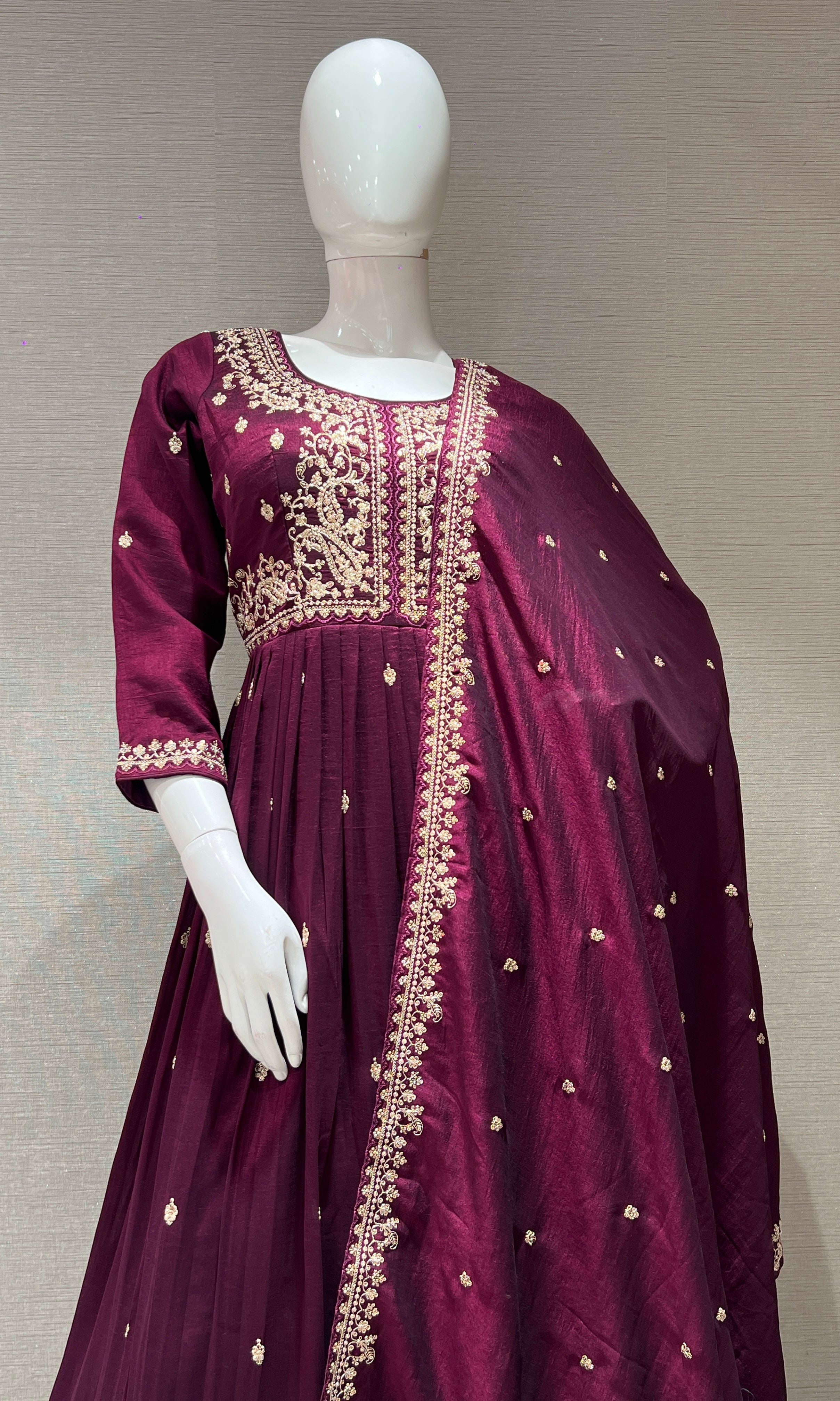 Wine EMBROIDERED ANARKALI LONG DRESS