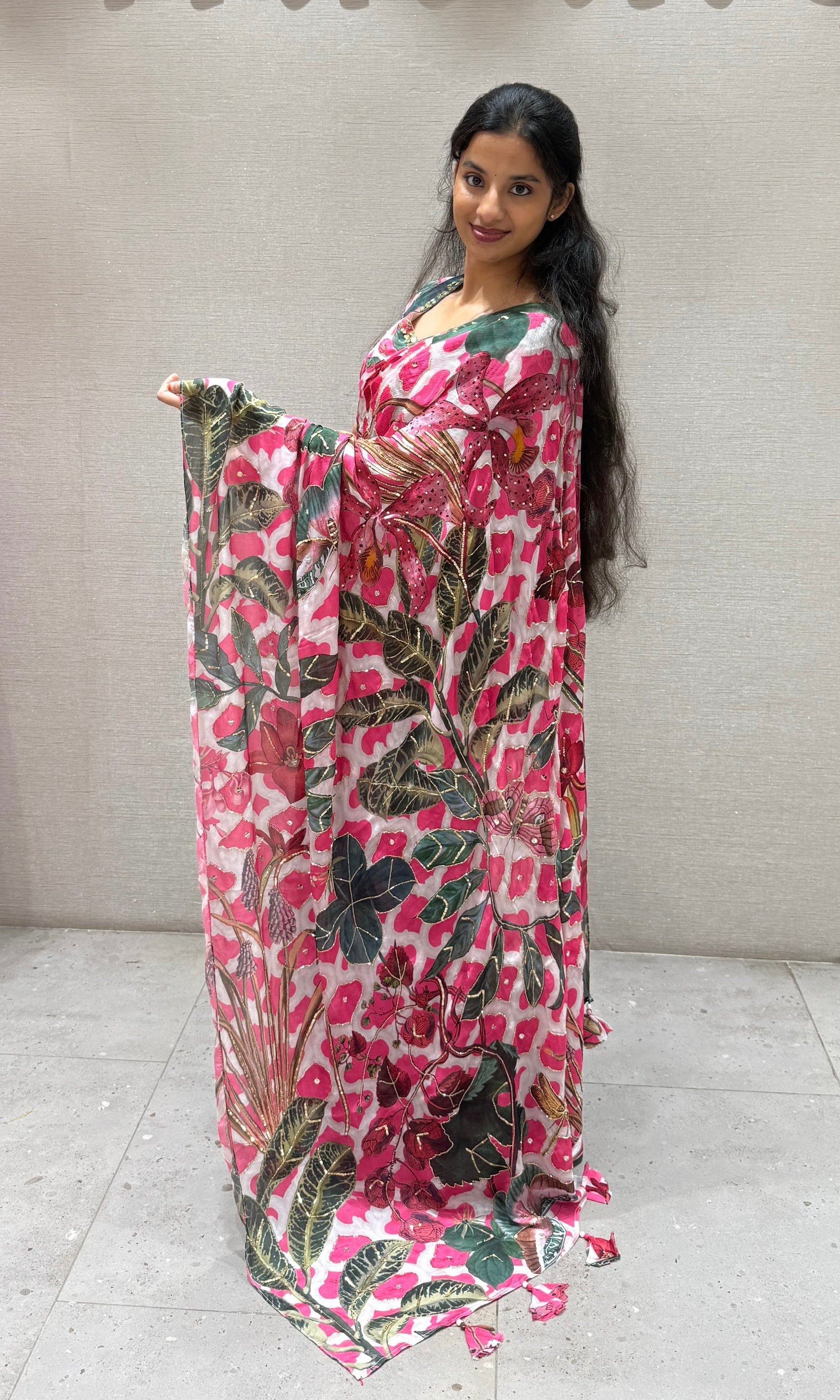 Pink saree with ready blouse