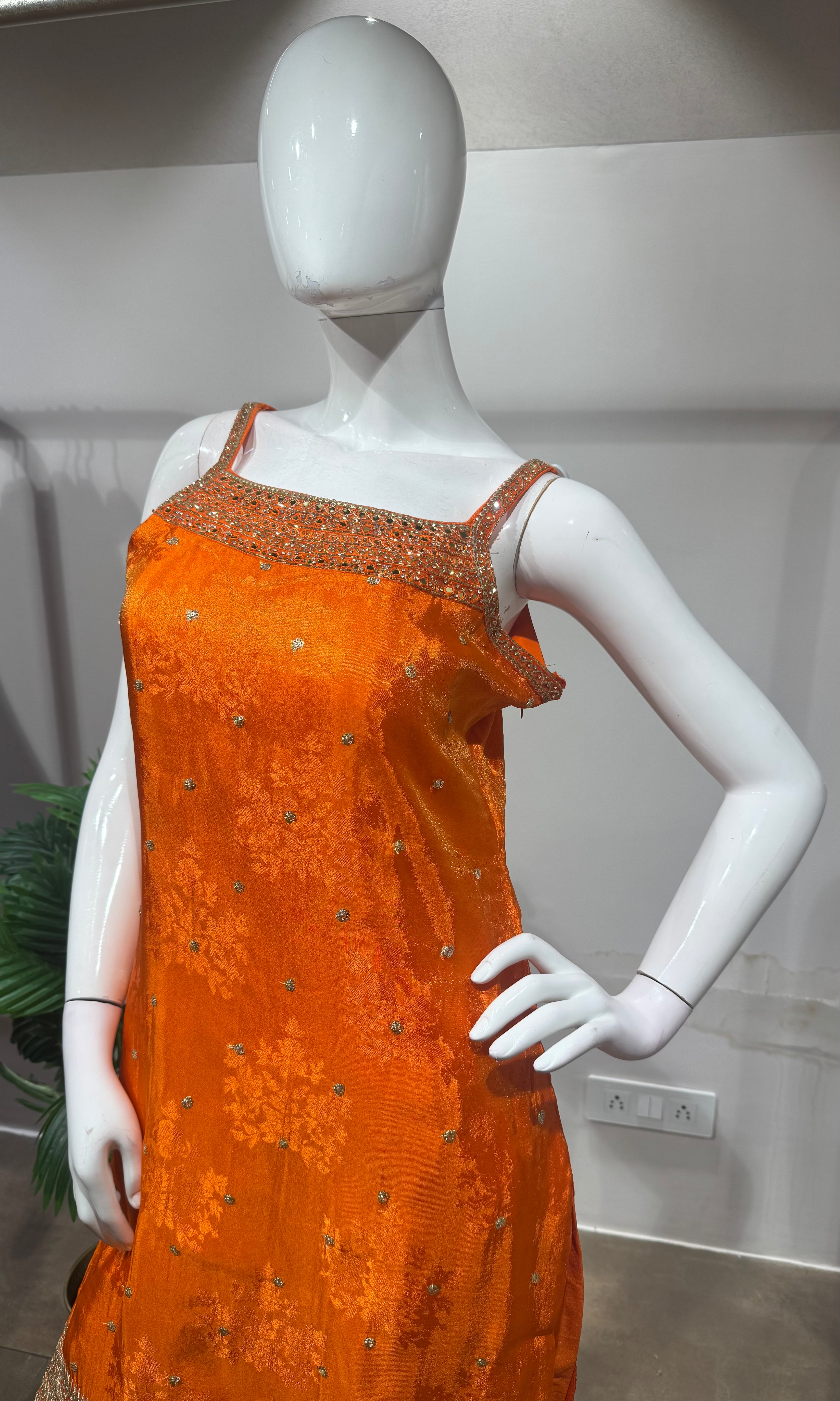 Orange silk golden kurta set