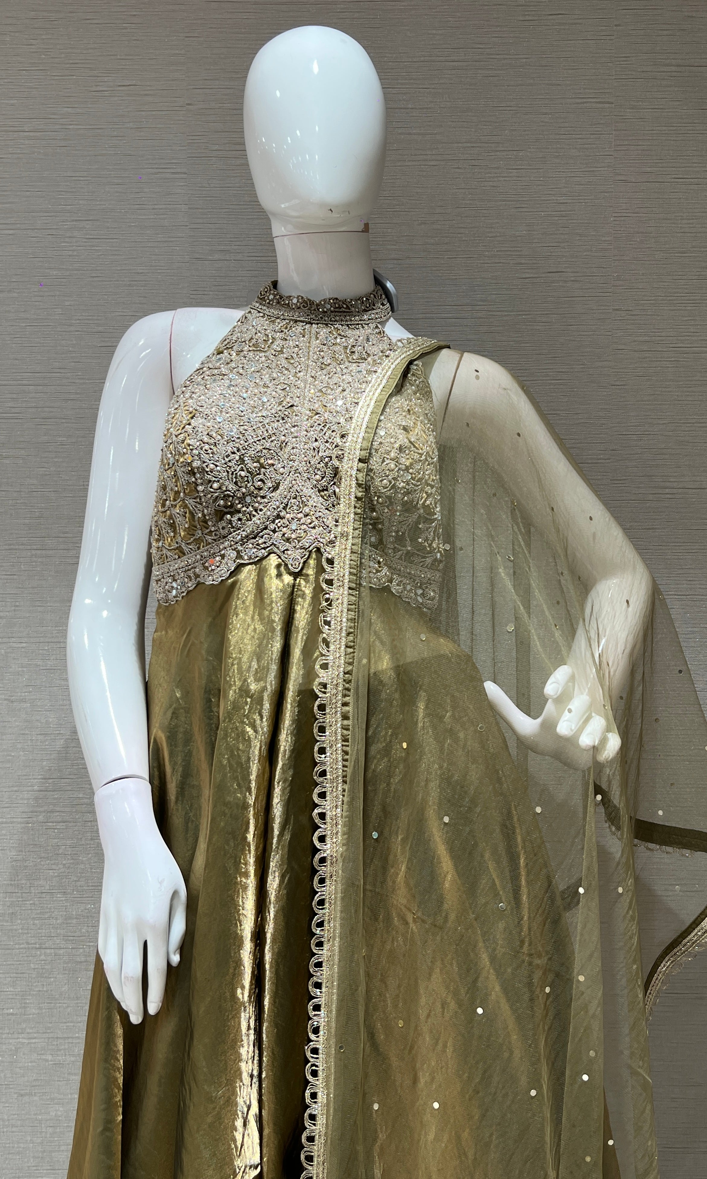 GREEN HALTER NECK ANARKALI WITH FLARED PANTS