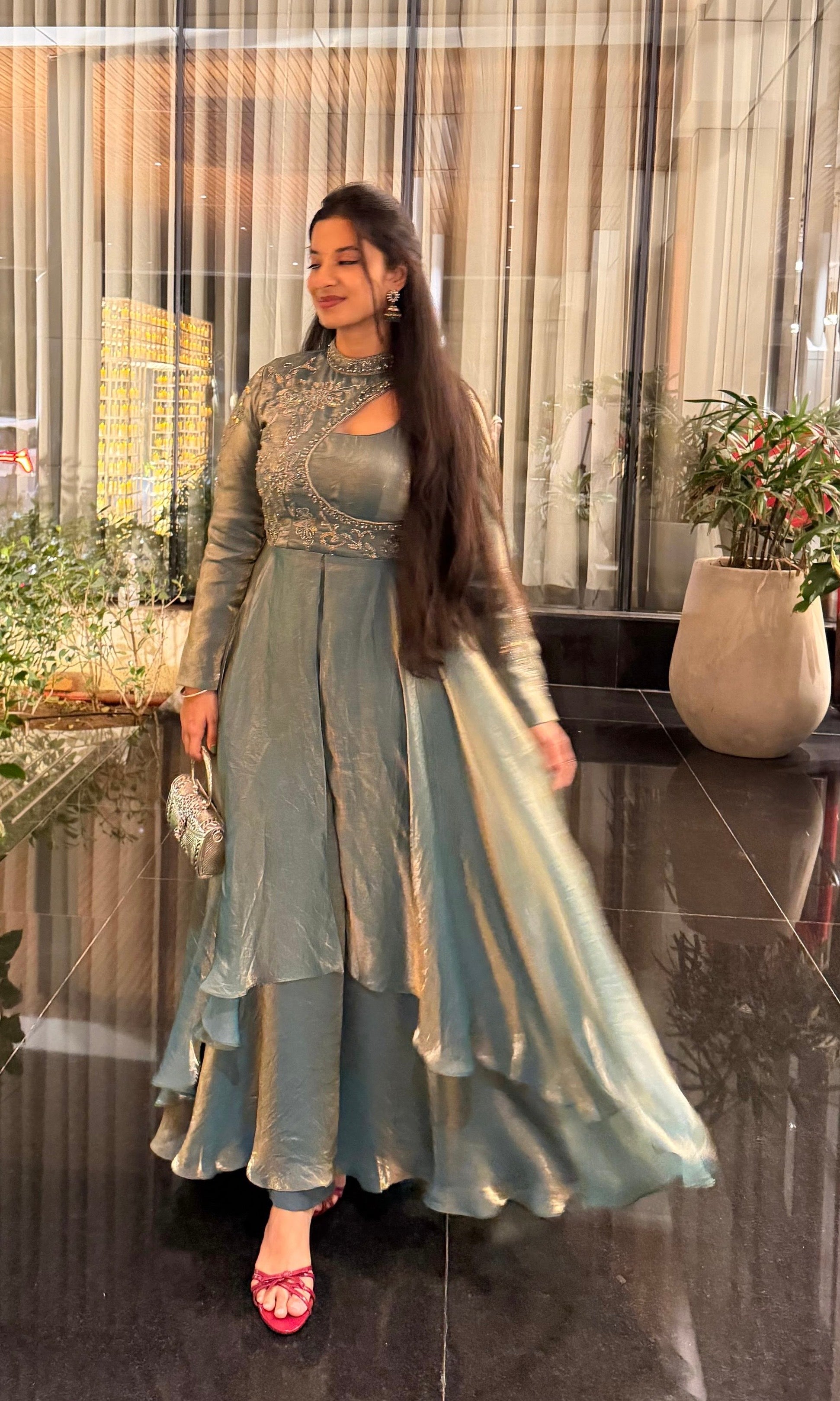 Sea green ANARKALI WITH NECK DESIGN