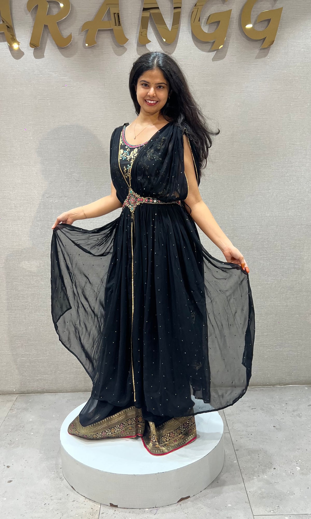 black crop top Palazzo with coat and Belt Accent