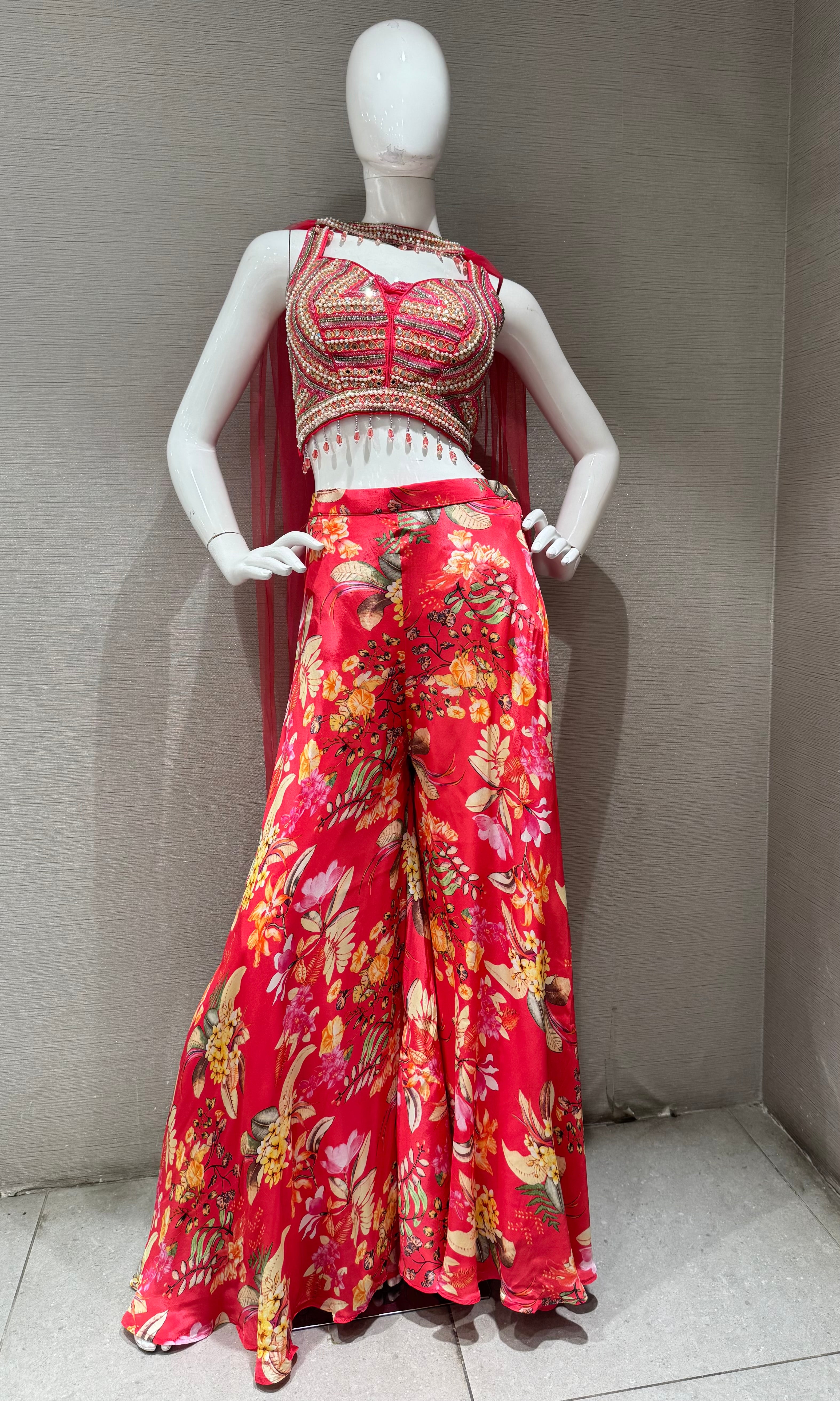Pink Embroidered crop top palazzo set