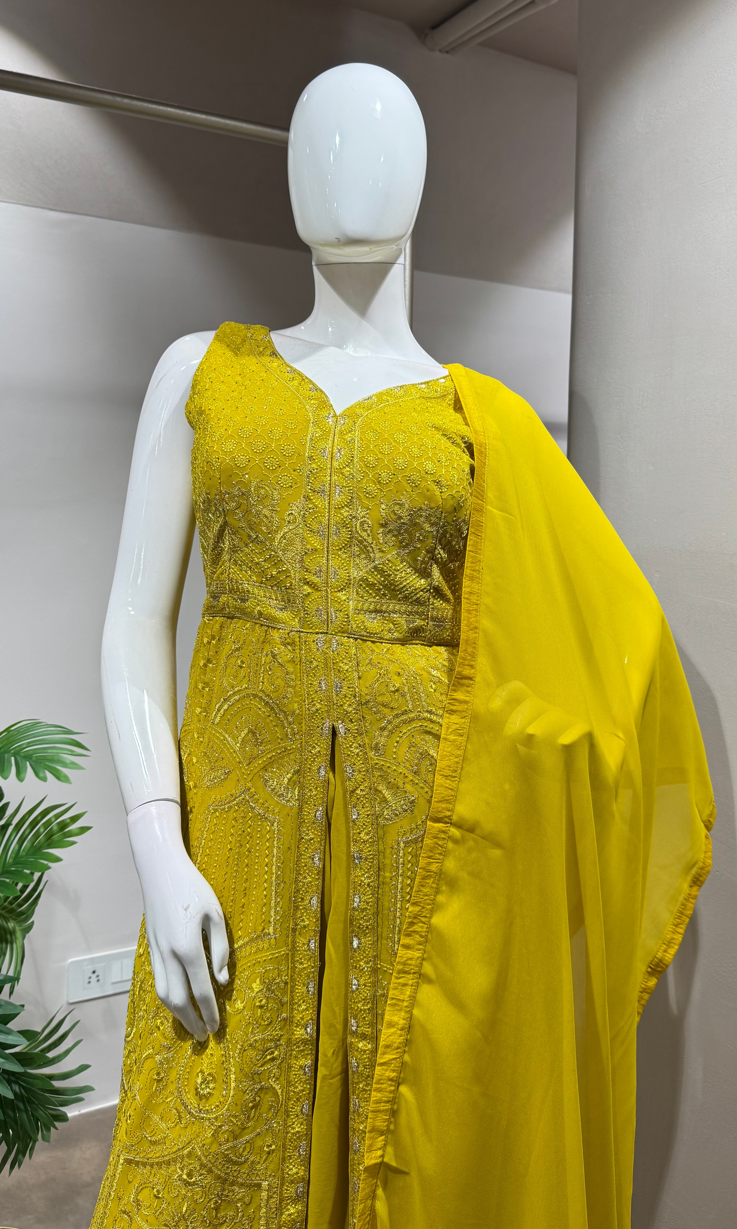 MUSTARD FRONT SLIT ANARKALI PALAZZO SET
