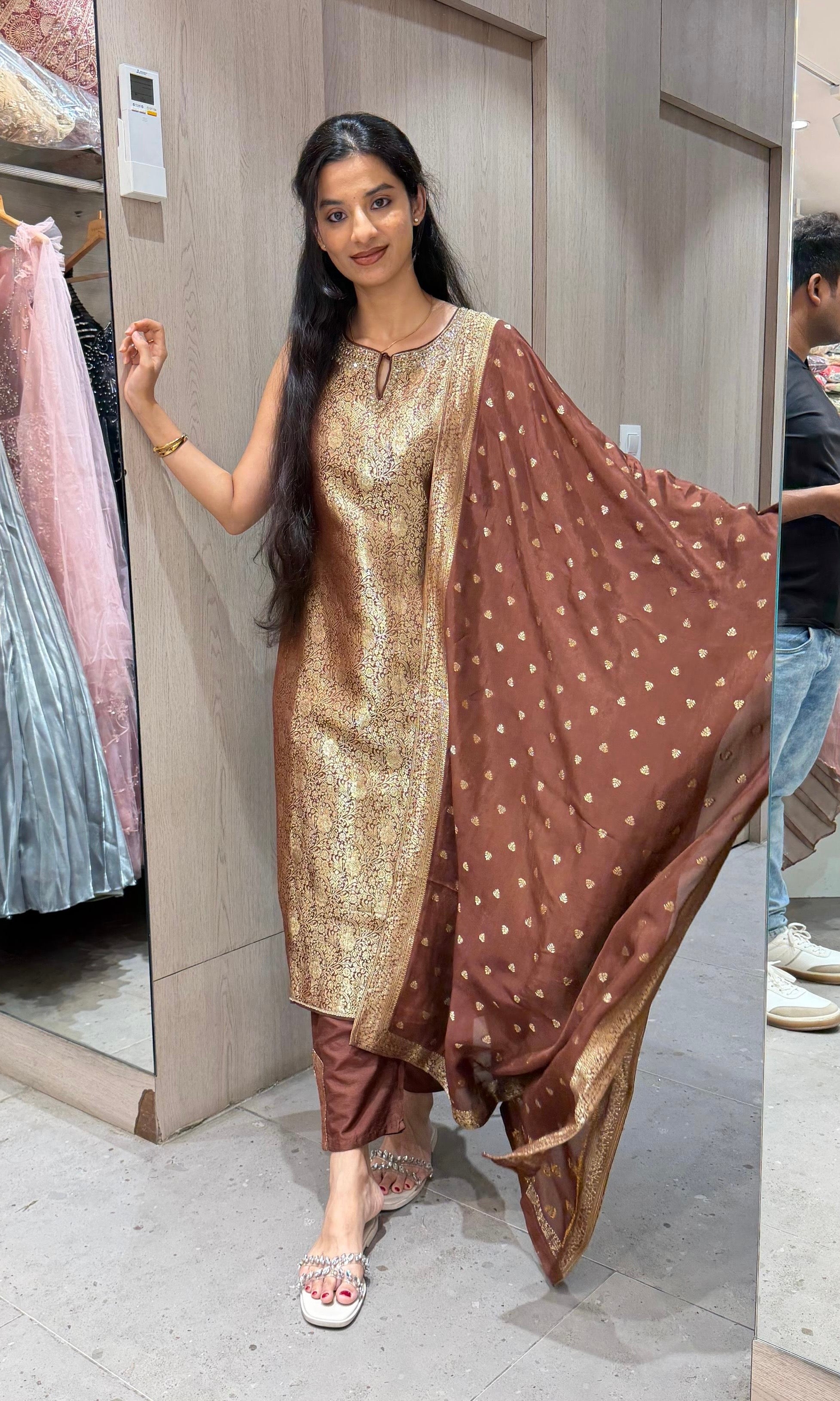 Brown Banarasi ethnic kurta set