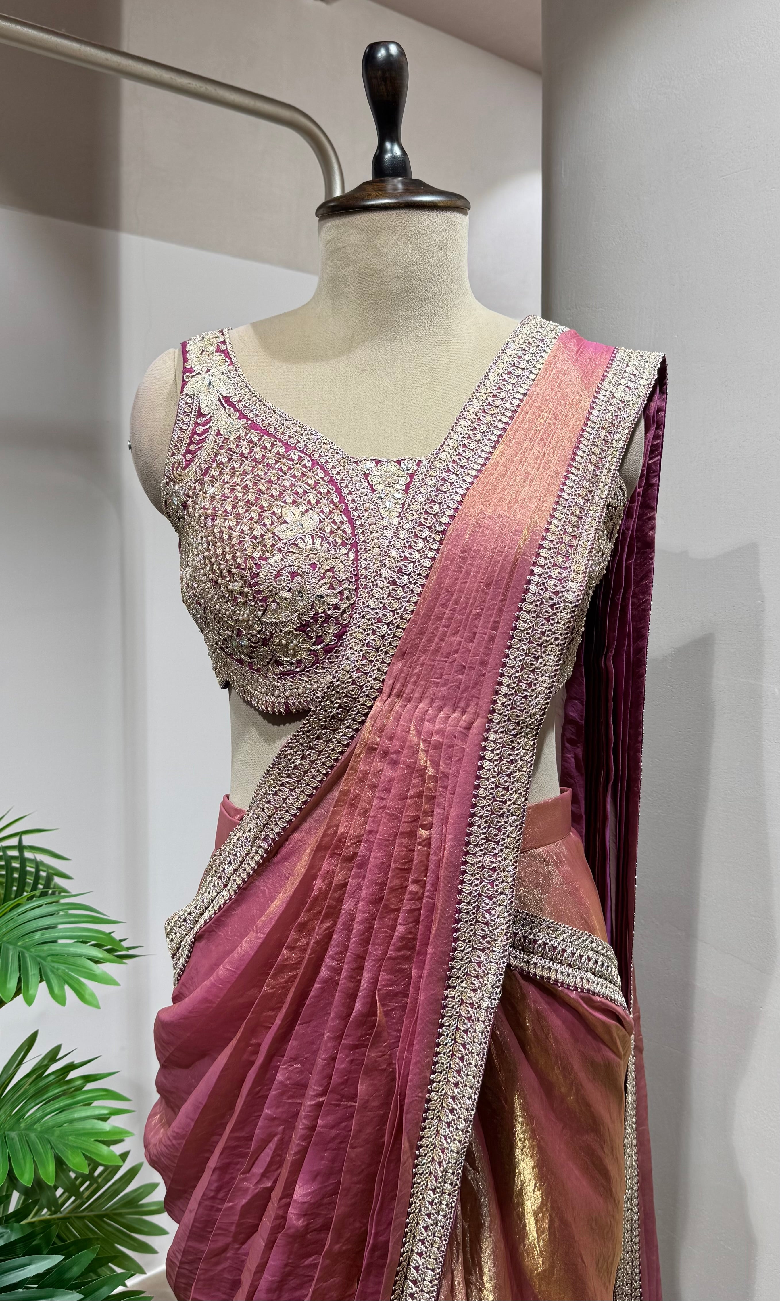 Wine drape saree with embellished blouse