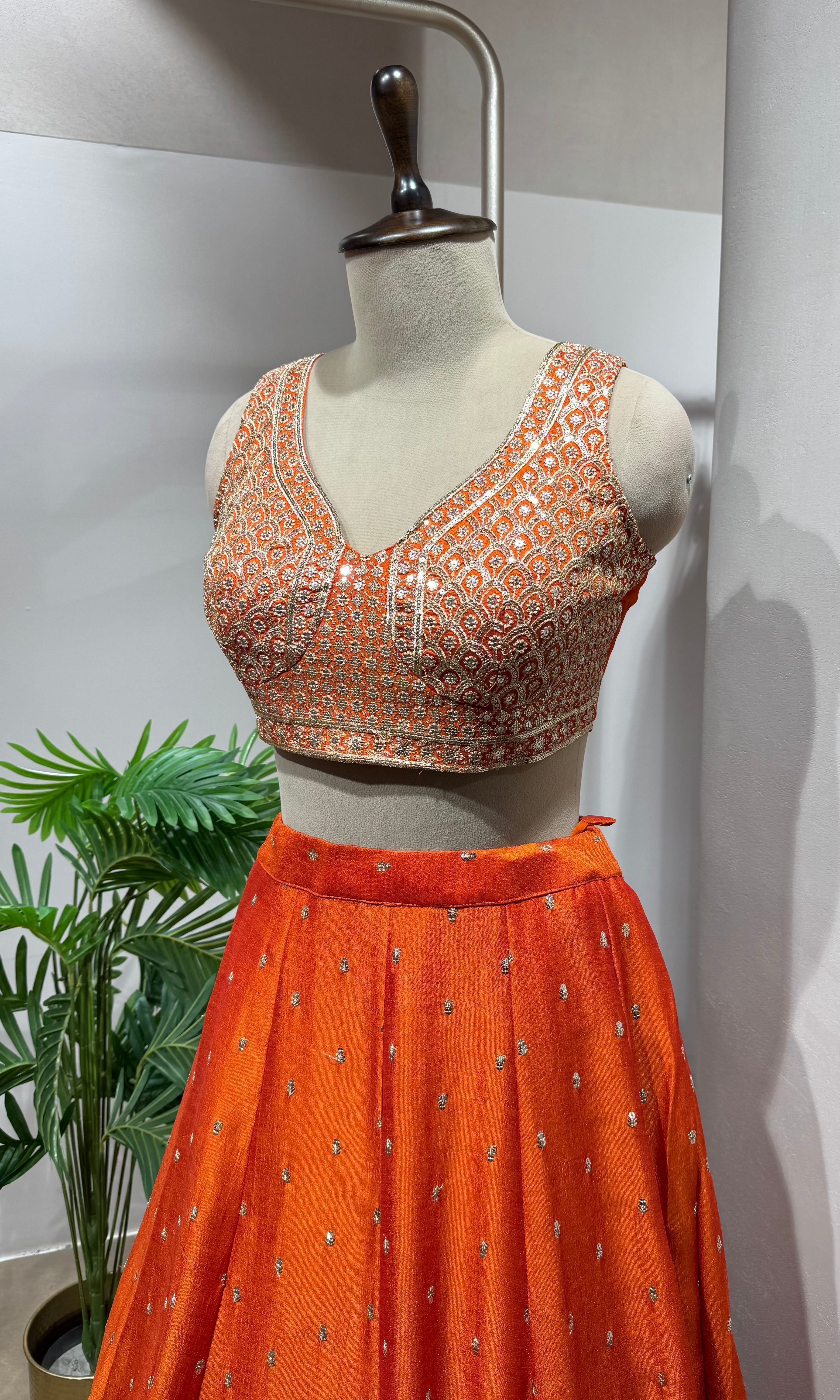 orange embroidered silk lehenga choli set