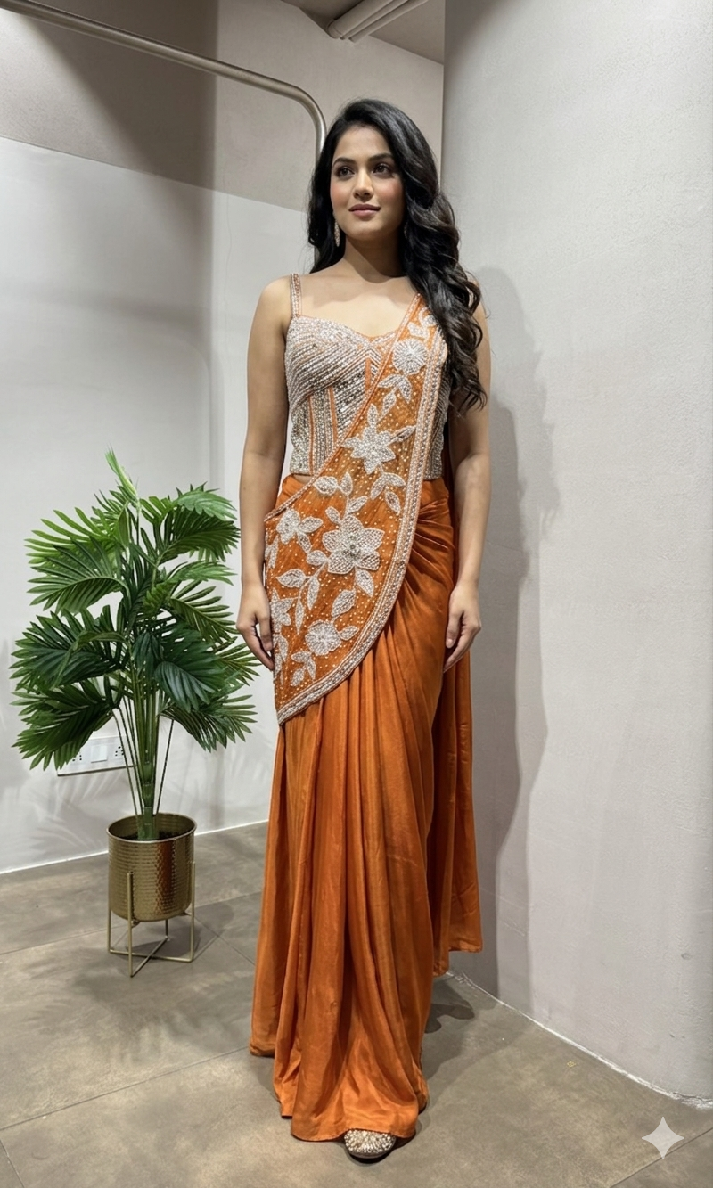 Orange drape Saree with Crystal blouse