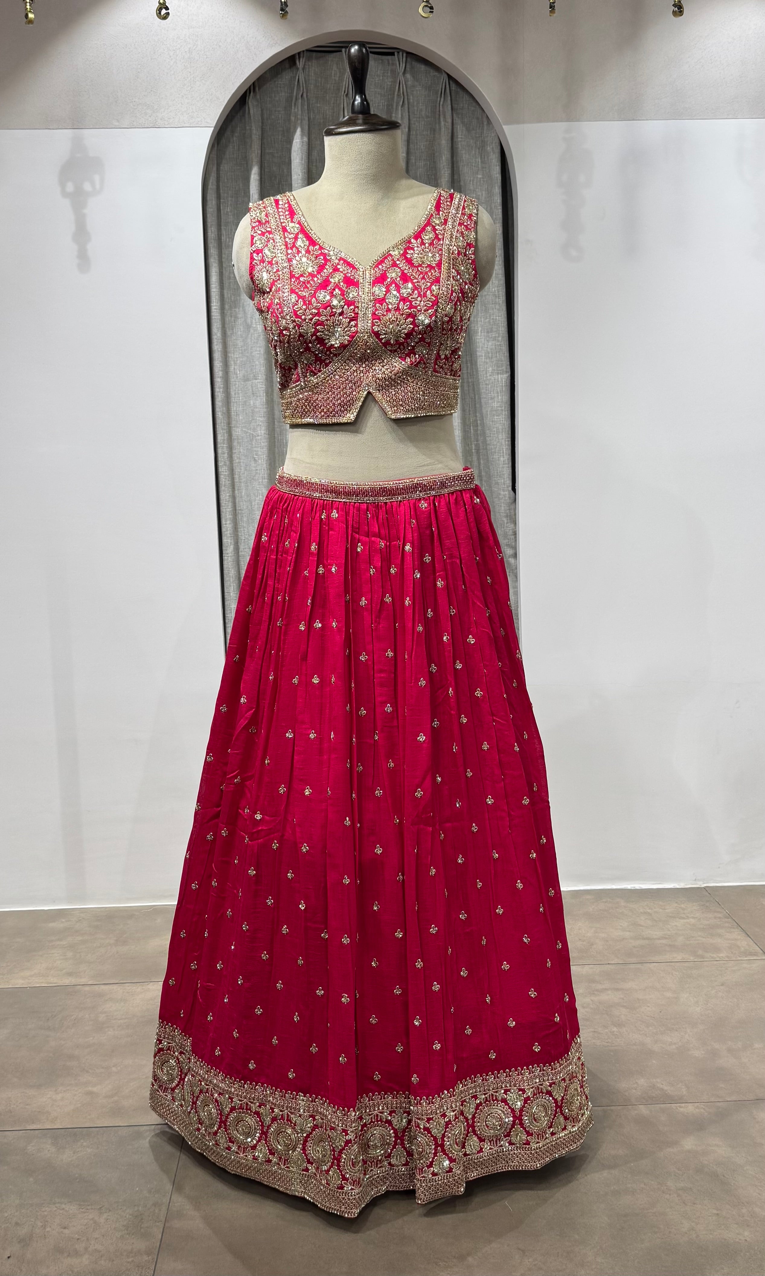 Rani pink Golden Ethnic Lehenga set