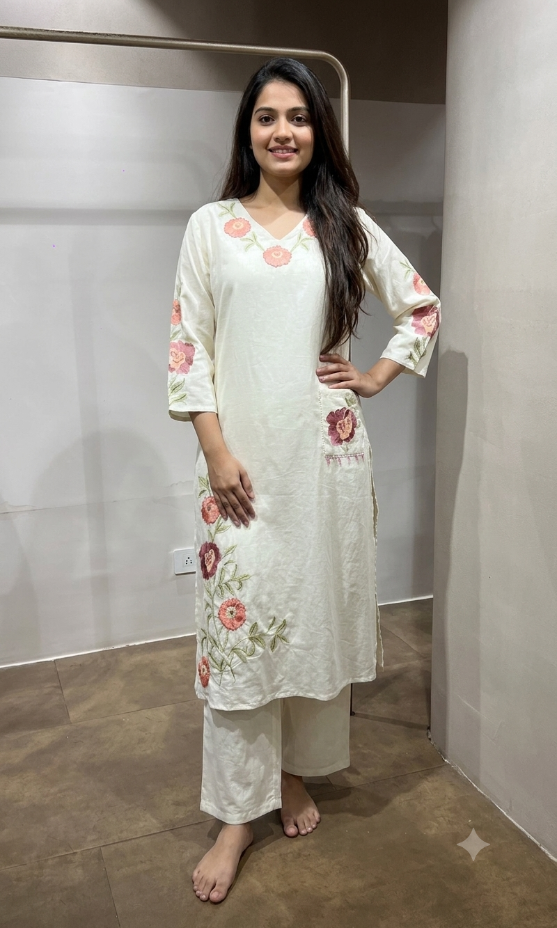 White Silk Kurta set with Rose Embroidery