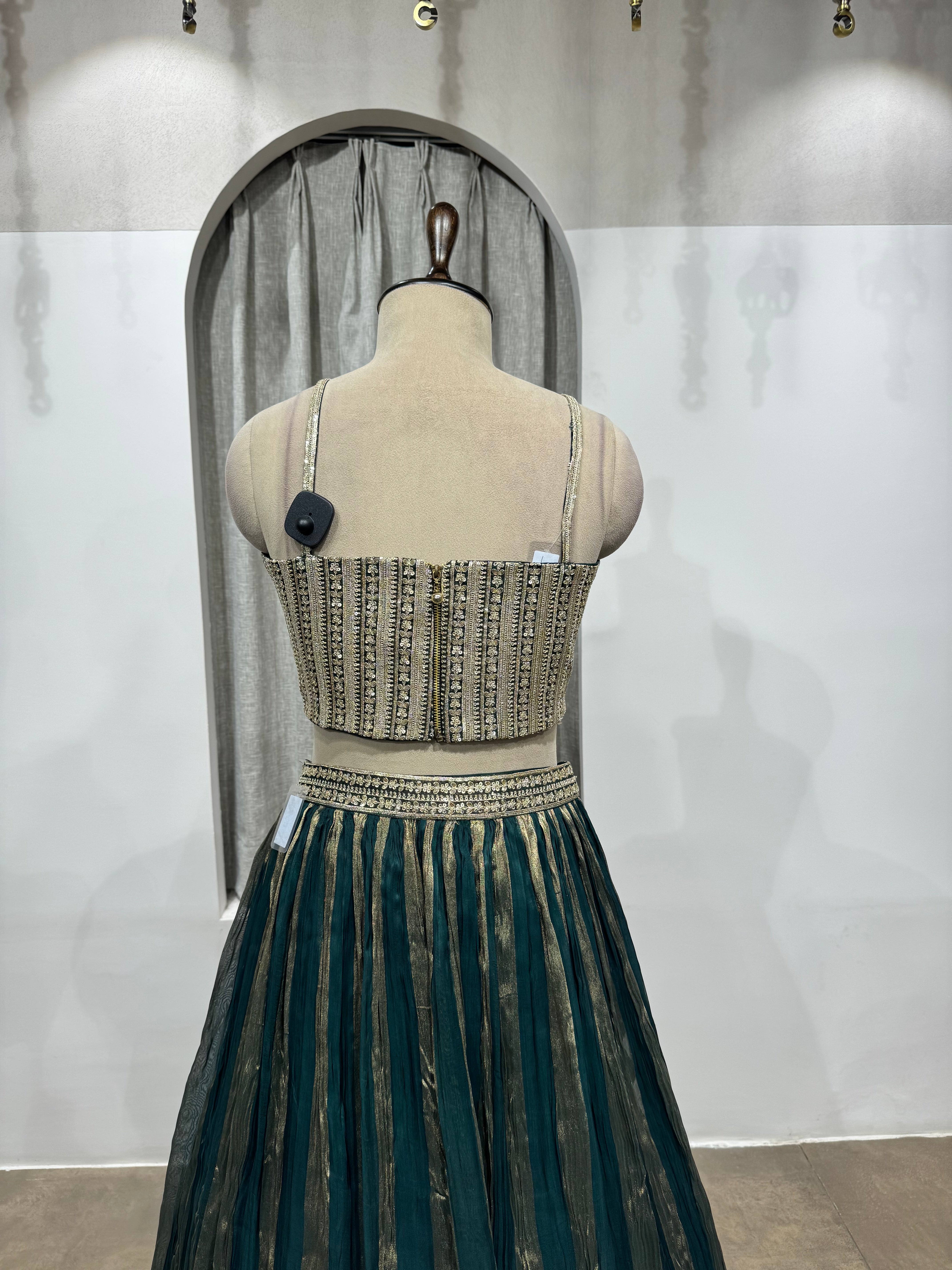 green and gold striped corset lehenga
