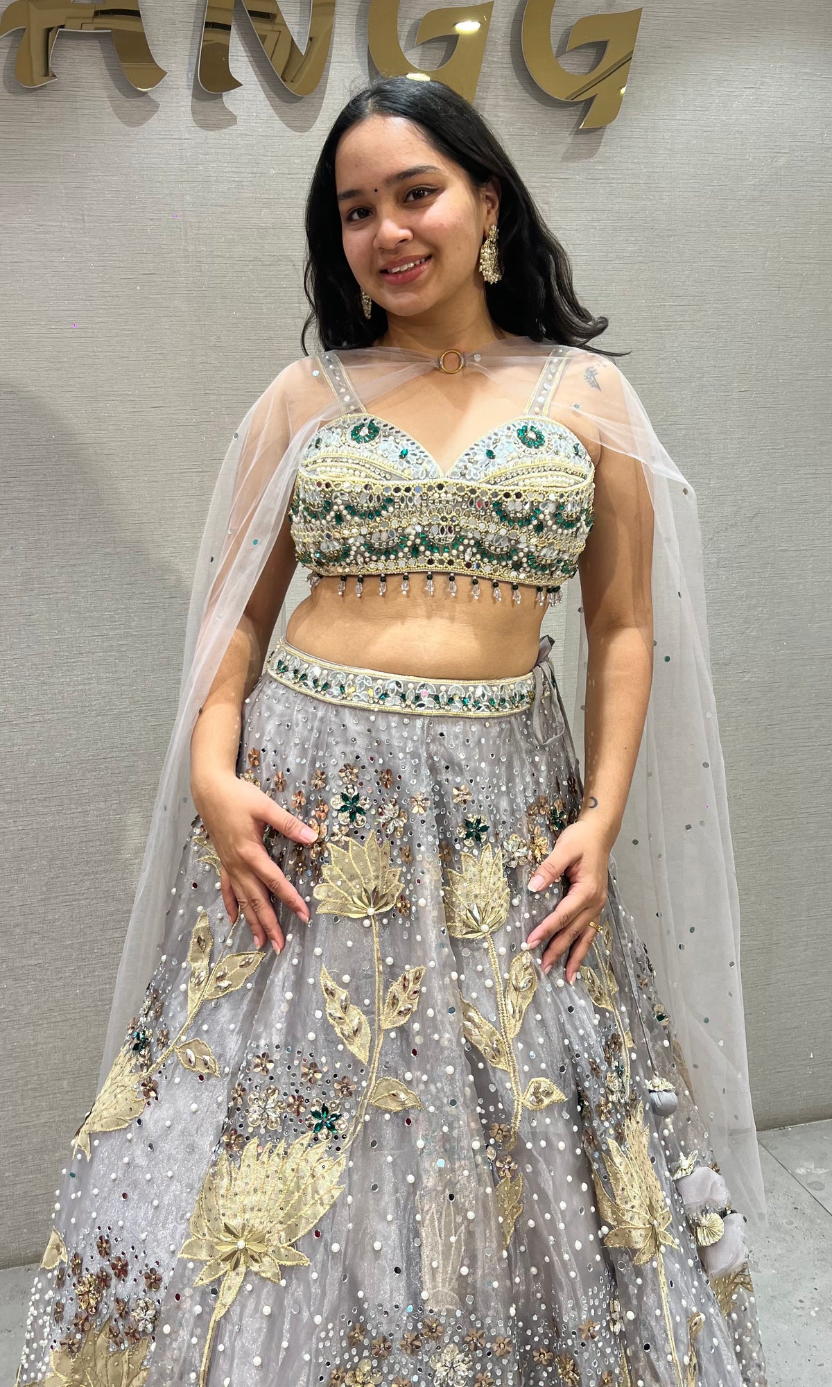 grey and gold soft net Crystal pastel bridal lehenga set